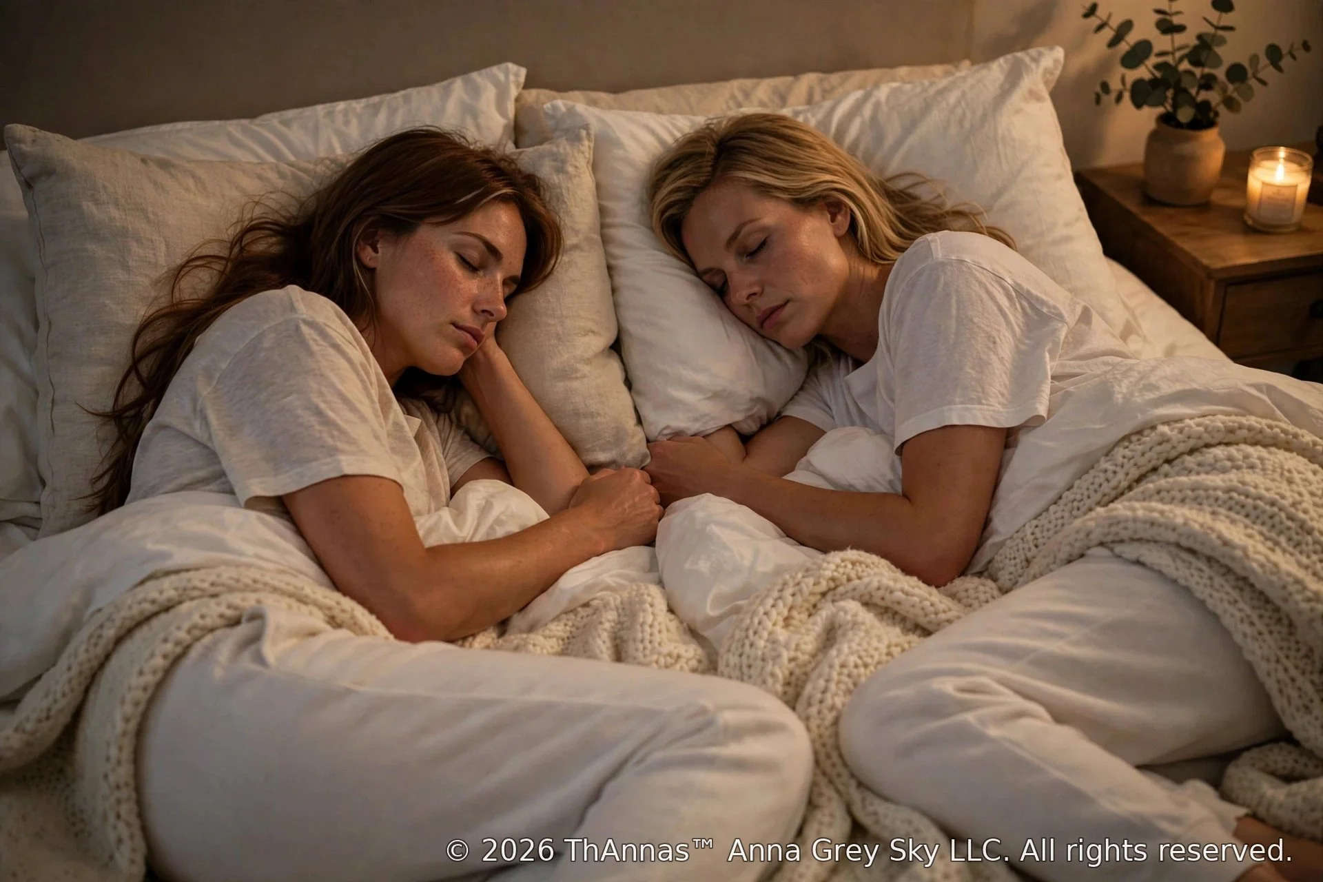 two women sleeping peacefully in white-pajamas a soft blanket and feather pillows.jpeg