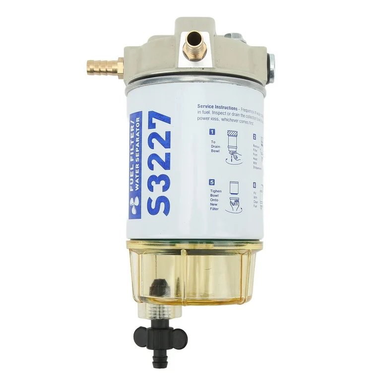A water filter with a white body, labeled S3227, featuring brass fittings and a transparent yellow sediment bowl at the bottom.