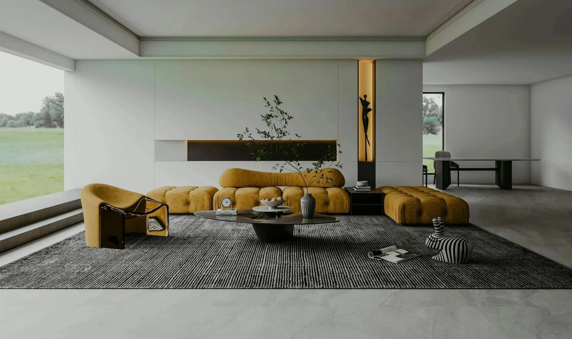 Aesthetic interior of retro yellow sofa and rug