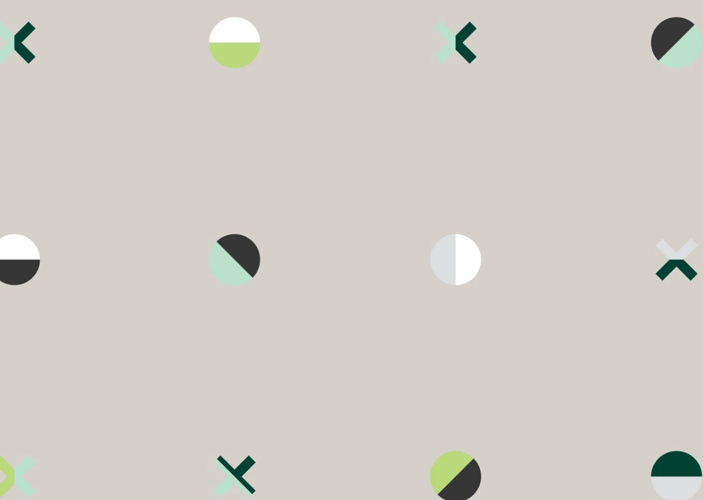 Abstract patterned background with circles and X marks in shades of black, white, green, and gray on a beige background.