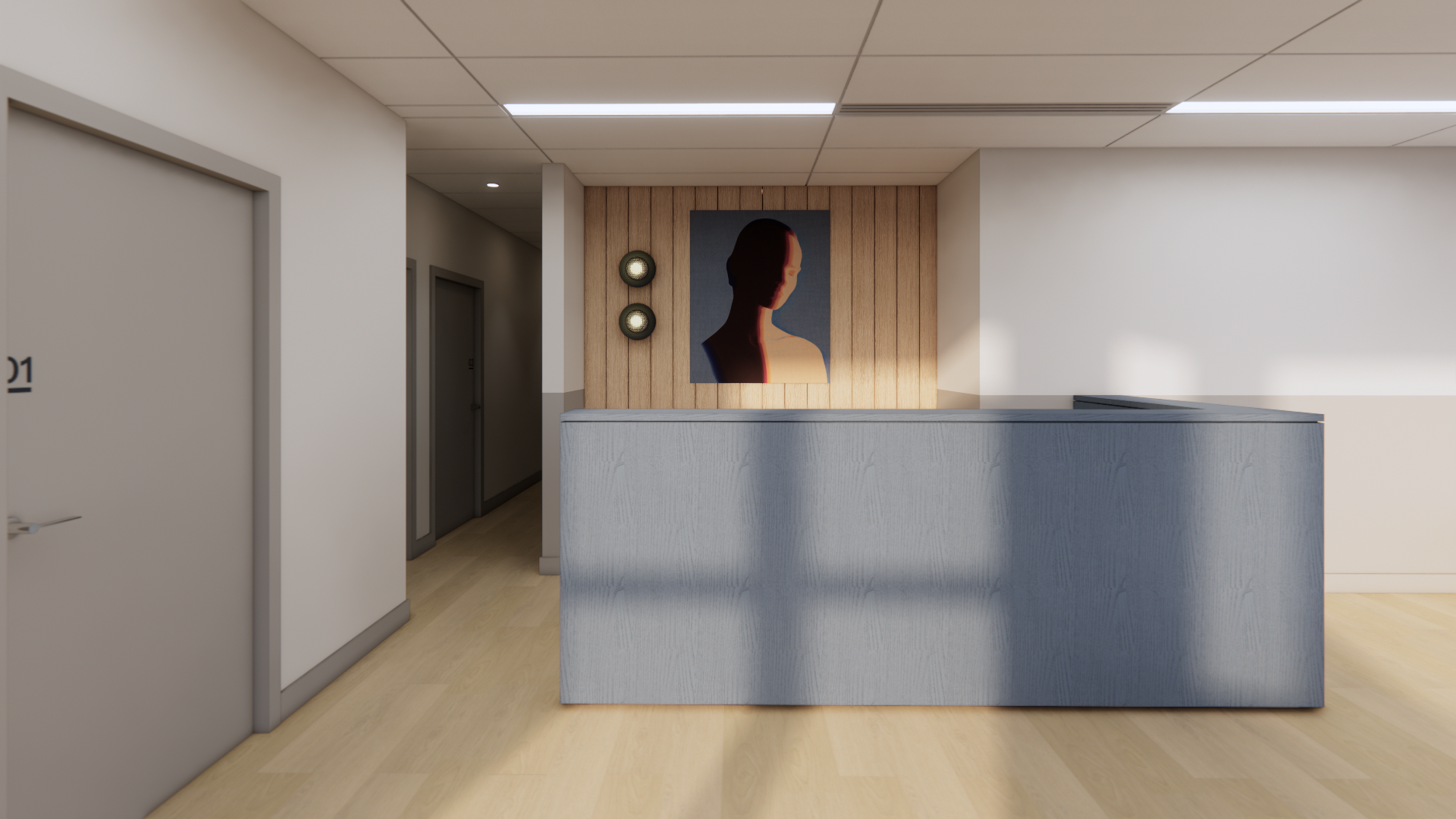 Modern reception area with wooden accent wall, abstract portrait, and soft lighting.