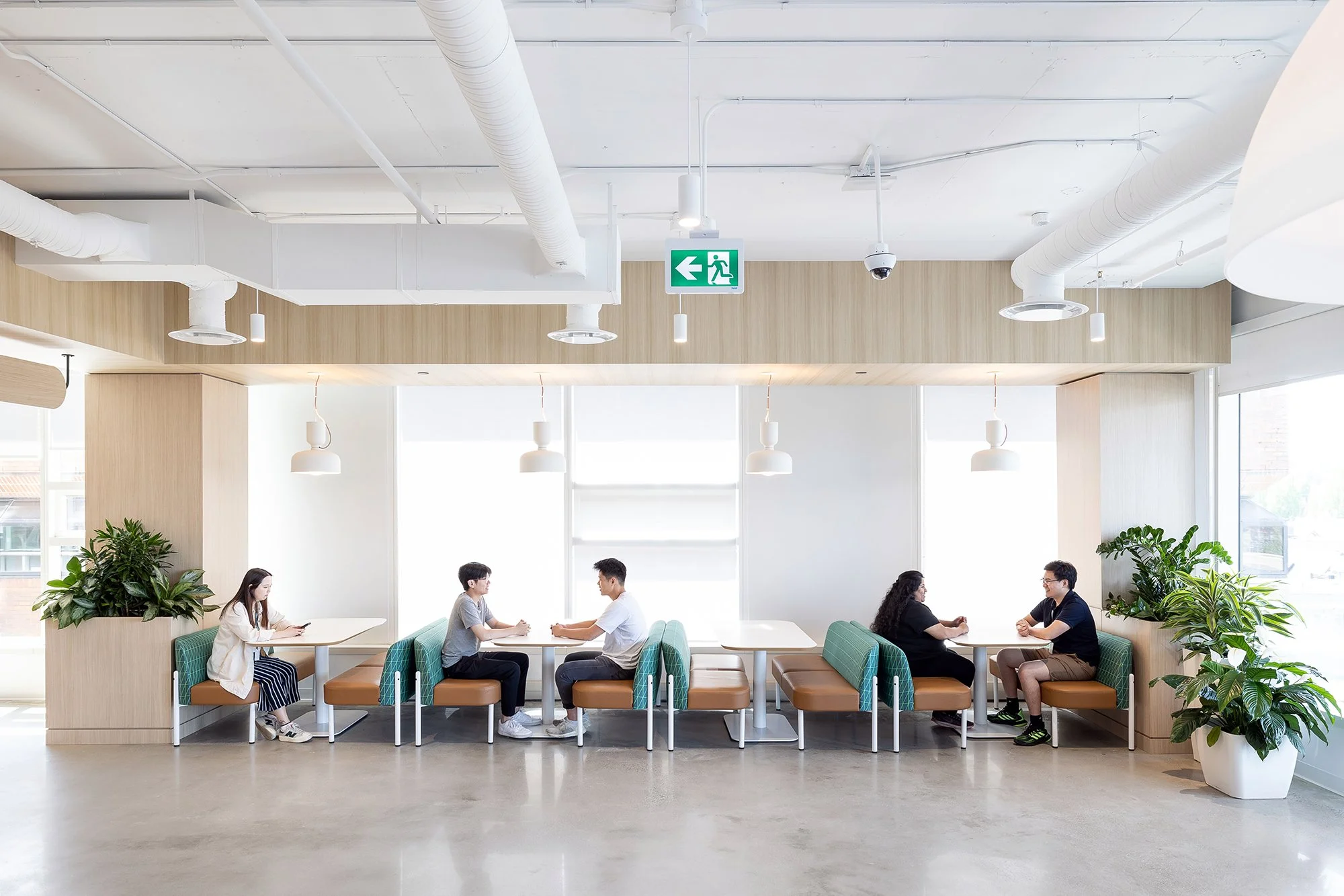 A modern, bright office or lounge area with six people engaged in conversations, seated at tables with green cushioned chairs. The room has large windows, indoor plants, hanging lights, and a ceiling with exposed pipes. An emergency exit sign is visible on the ceiling.