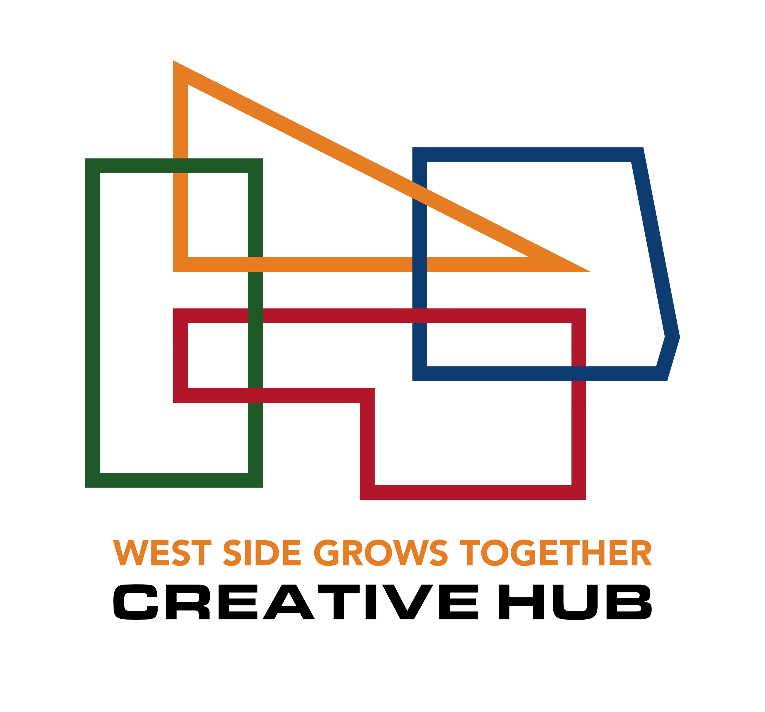 Colorful geometric shapes including green, orange, red, and blue squares and triangles on a black background, with text below reading 'West Side Grows Together' for Wilmington's Creative Hub.