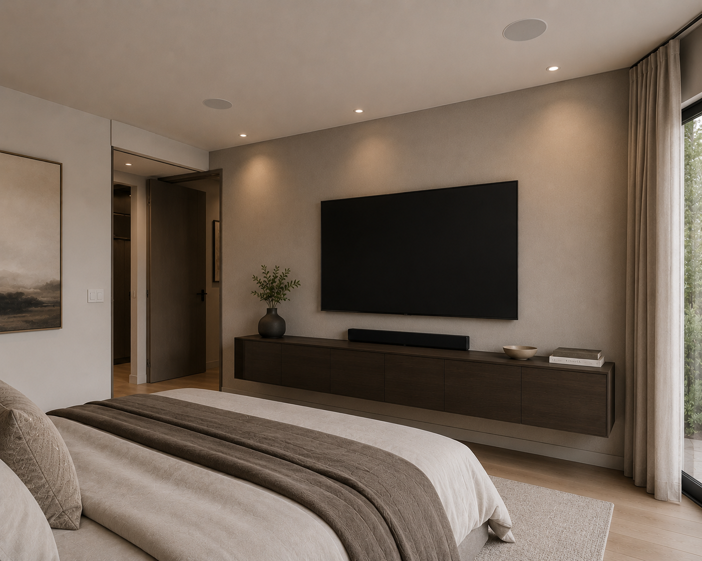 Modern bedroom with neutral tones, mounted flat-screen TV, floating wooden media console, potted plant, decorative bowl, and large window with beige curtains.