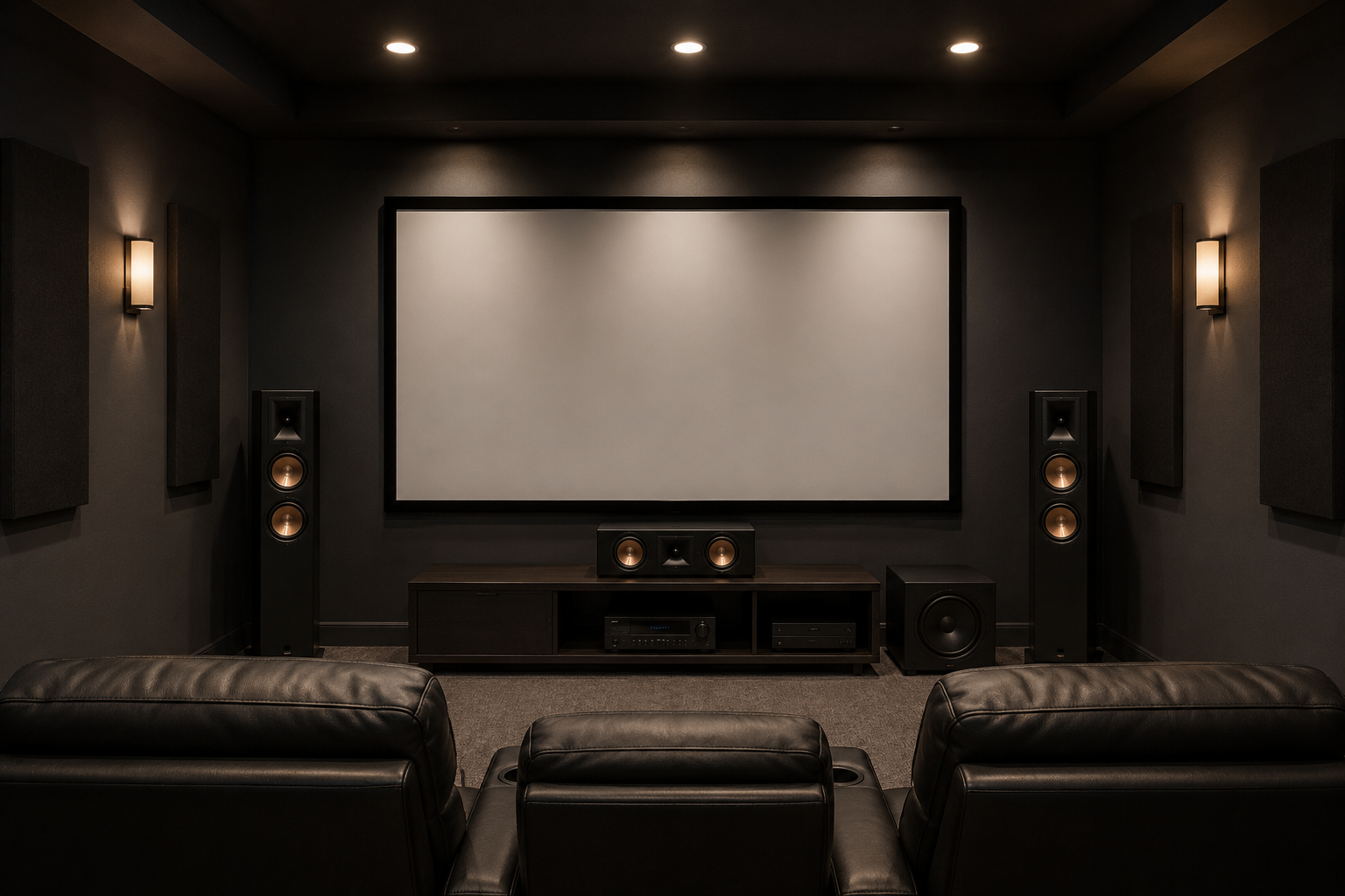A home theater room with a large blank screen, surrounded by black walls with soundproofing panels. There are two tall speakers with copper-colored cones on either side of the screen, a central speaker on the media console, and a subwoofer on the flo