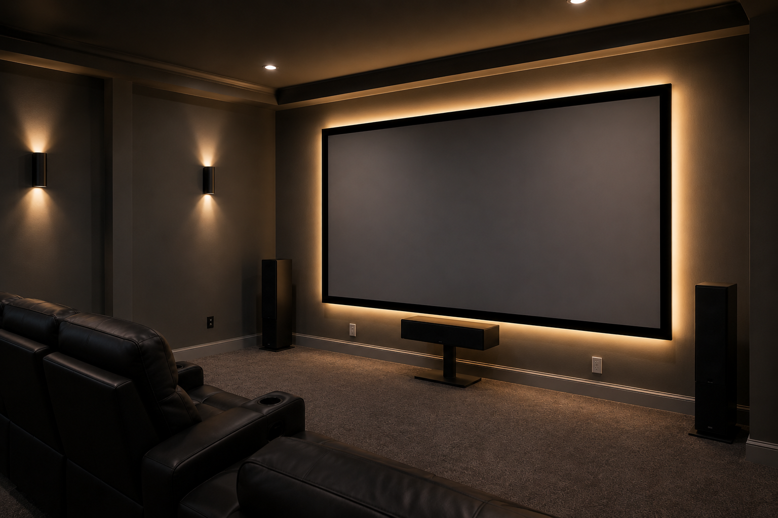 A home theater room with leather seats facing a large screen, surrounded by dim lighting and speaker equipment.