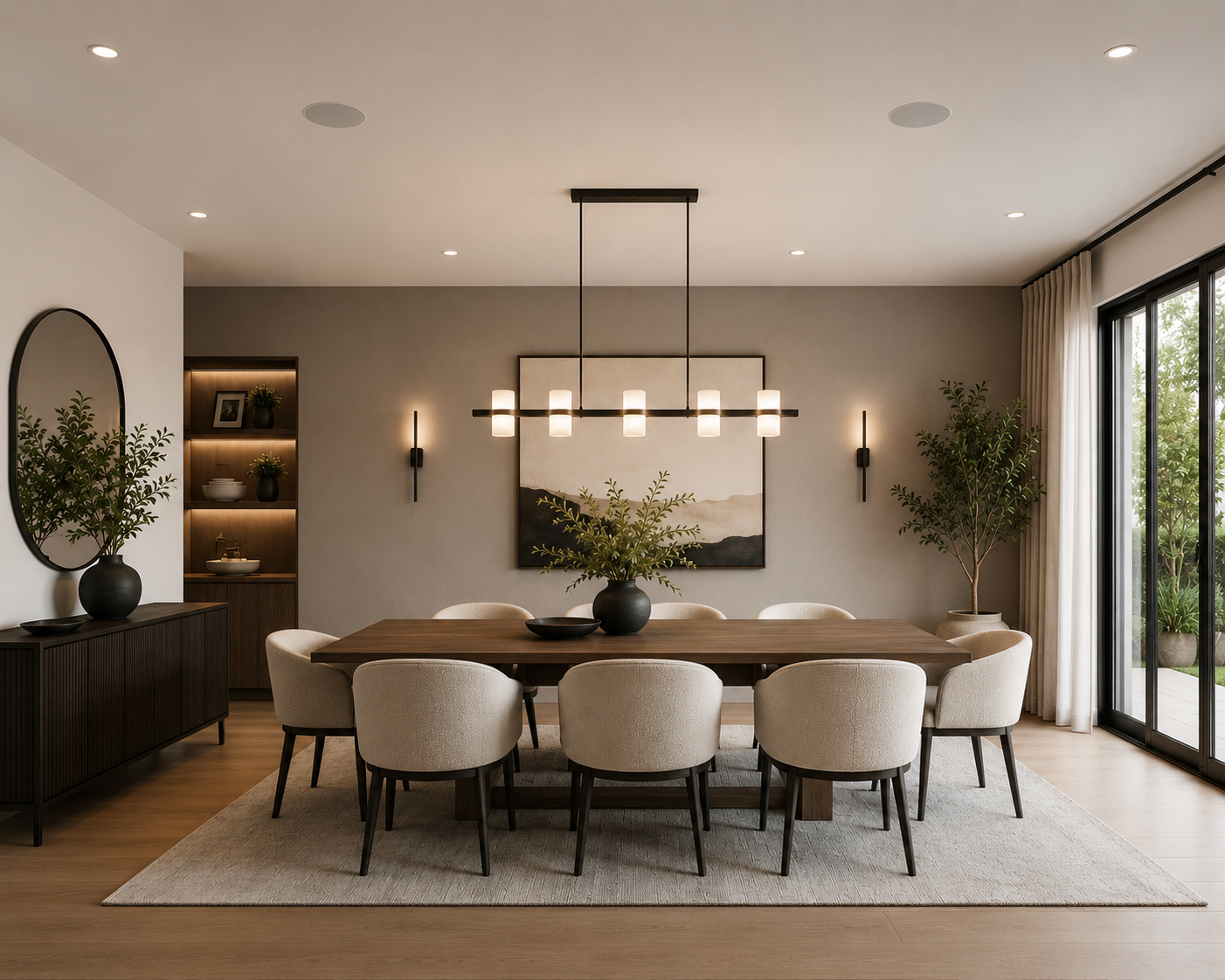 Modern dining room with wooden table, nine cream upholstered chairs, a black vase with greenery, wall artwork, and two wall sconces. Large sliding glass doors lead outside to a patio with greenery.