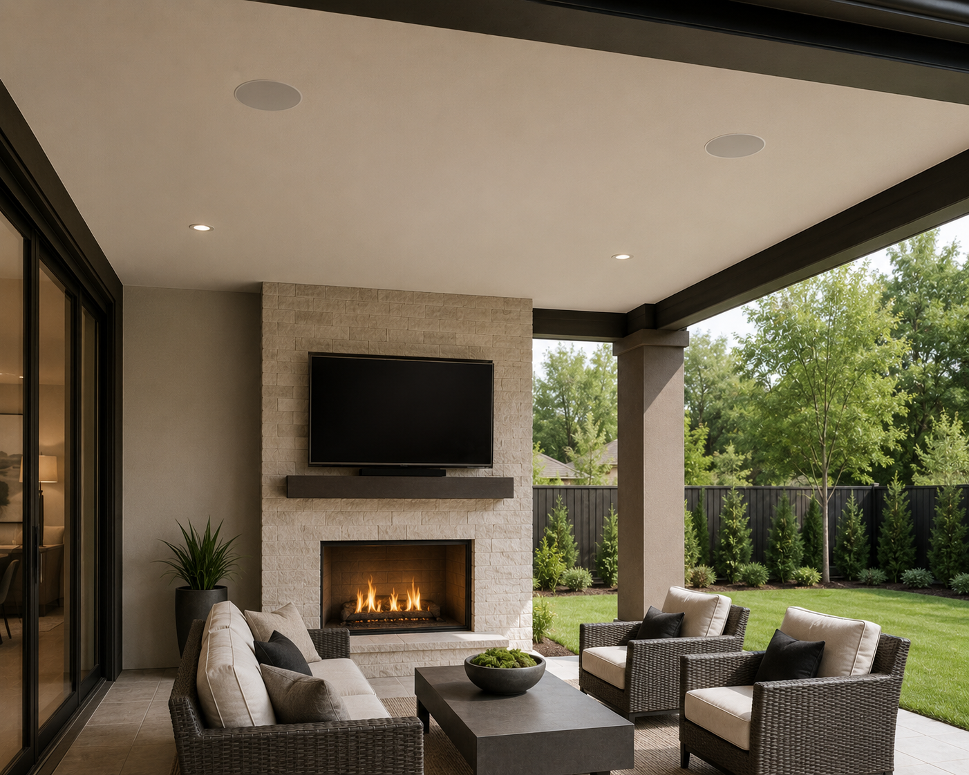 Outdoor patio with a fireplace, a wall-mounted TV, and seating areas including chairs and a sofa, with a view of a backyard with grass, trees, and a black fence.