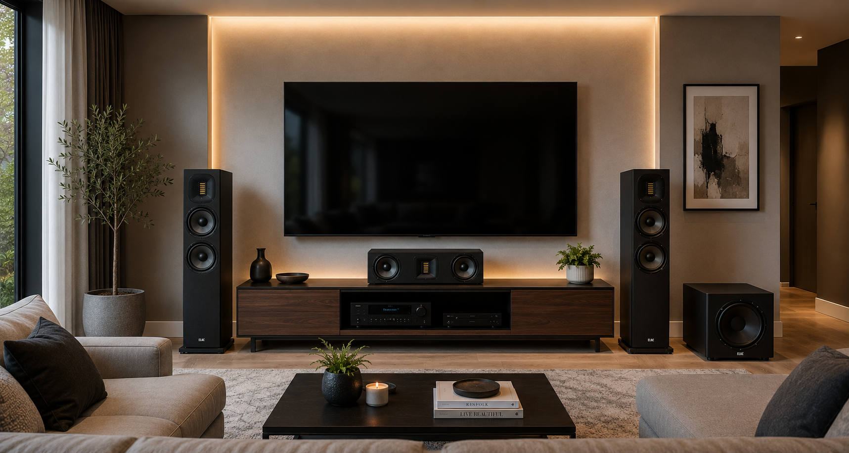Modern living room with a large flat-screen TV mounted on the wall, surrounded by black speakers, a wooden TV console, a potted plant, and abstract artwork. The room has warm lighting, beige sofas, and a coffee table with books, candles, and decorati