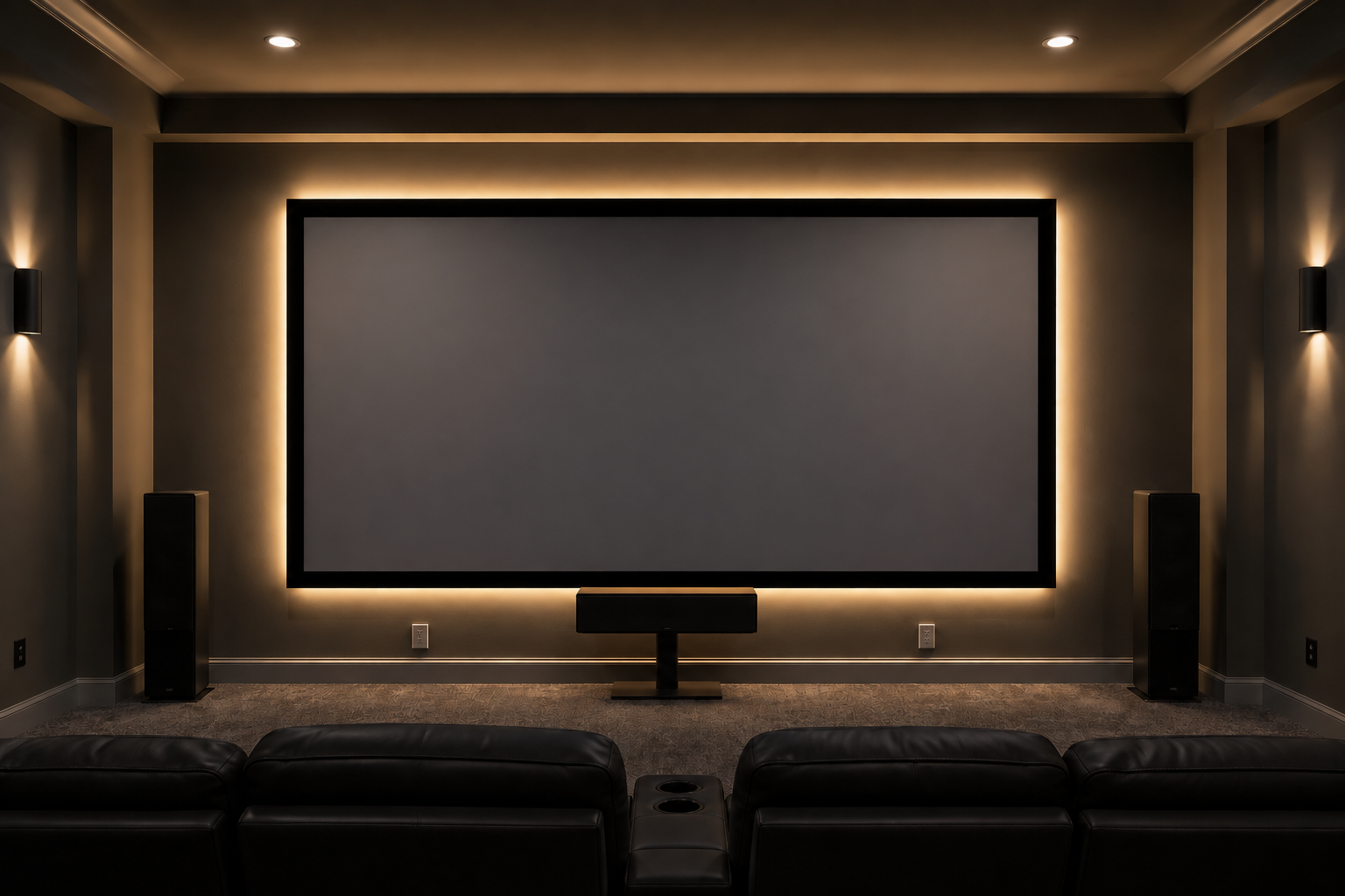 Home theater room with large screen, surround sound speakers, and leather seats.