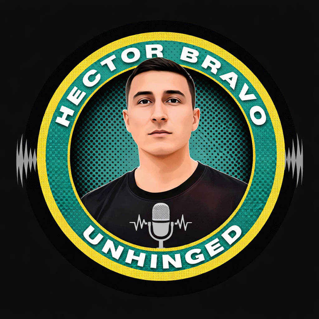 A young man with short dark hair and a serious expression, wearing a black shirt, is featured in a digital graphic with the text 'HECTOR BRAVO UNHINGED' surrounding him in a circular design. There is a microphone icon below his portrait, indicating a