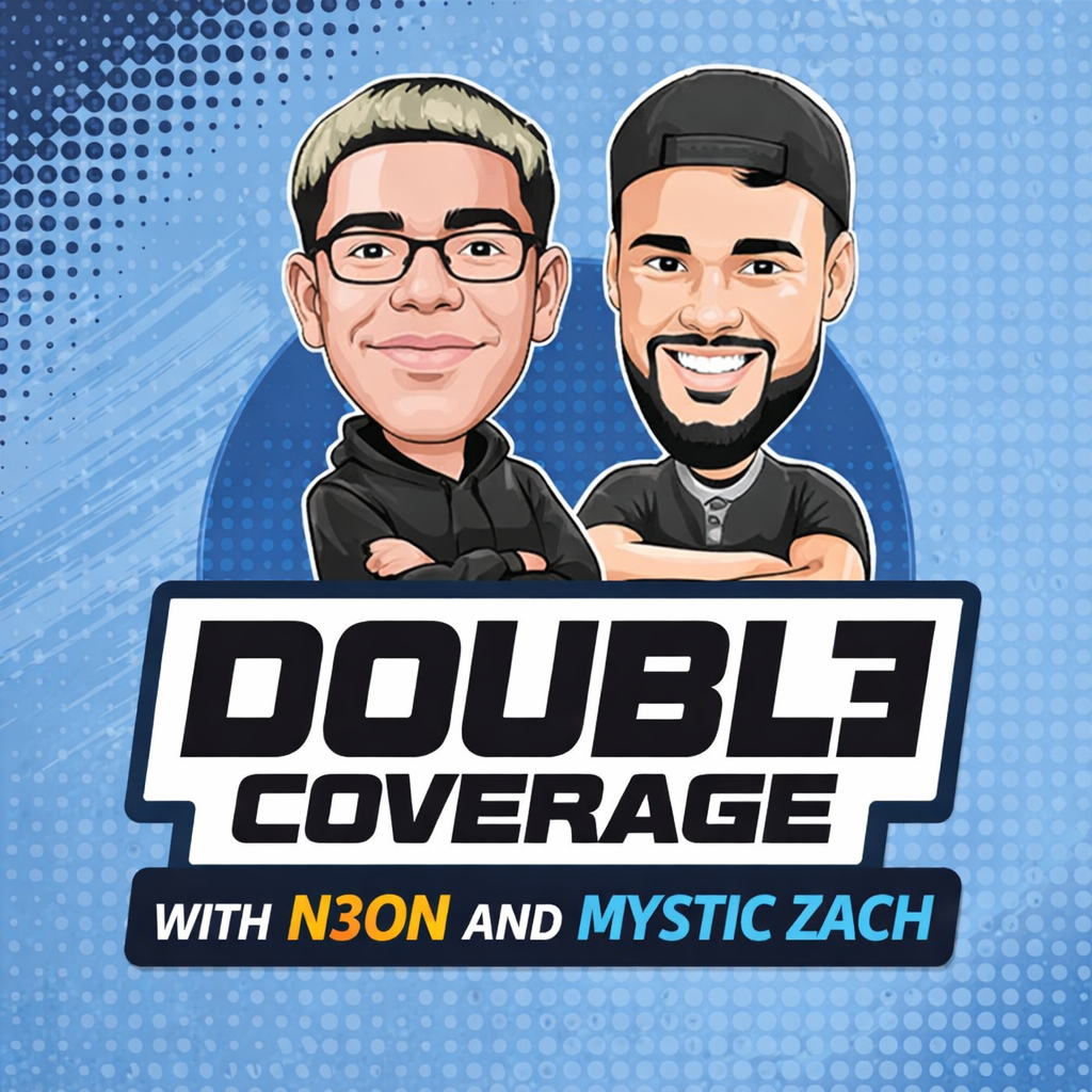 A cartoon graphic of two men with crossed arms, smiling, with a blue dotted background. Text reads "Double Coverage with N3ON and Mystic Zach."