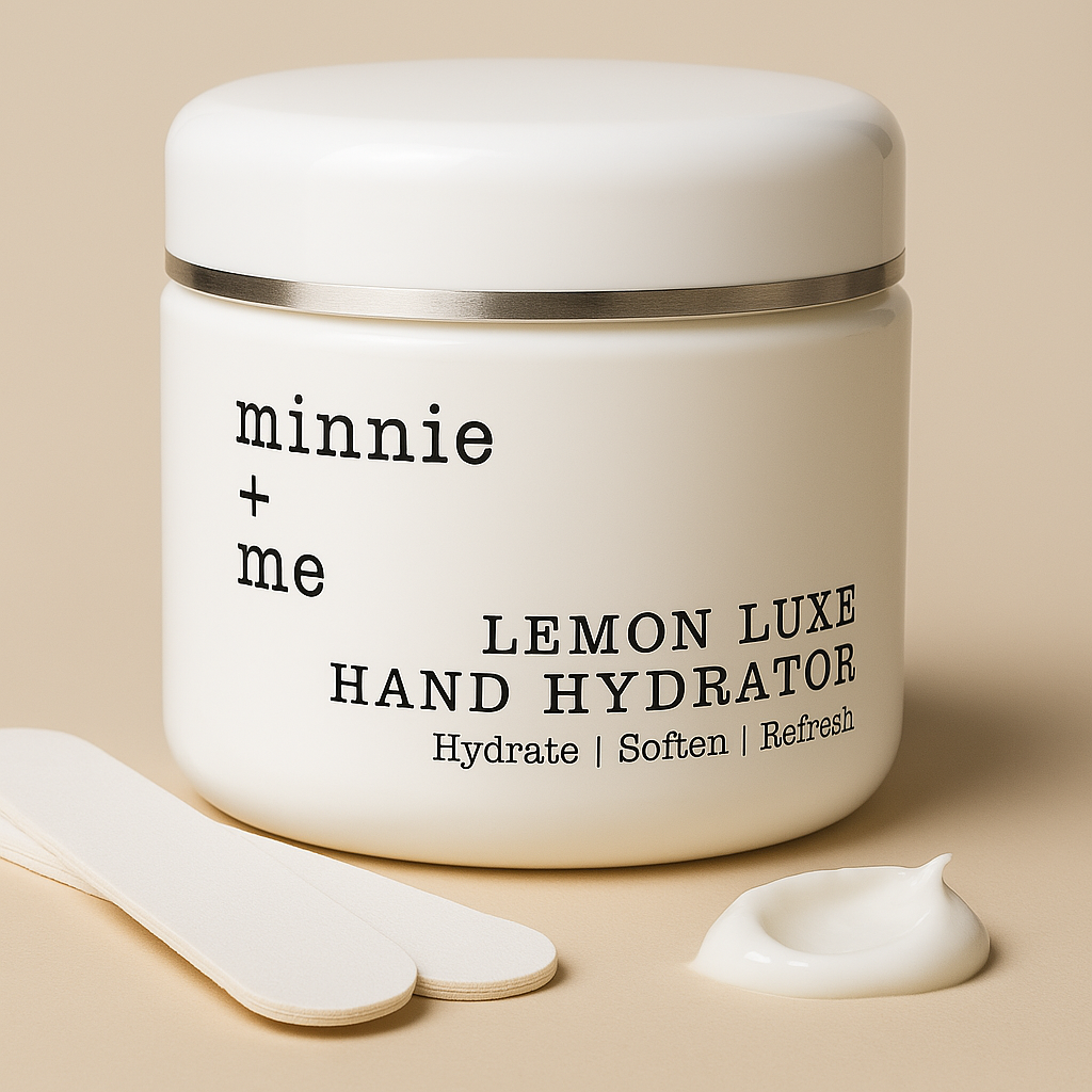 A white container of Minnie + Me Lemon Luxe Hand Hydrator with a silver band around the lid, placed on a beige surface. In front of the container are white manicure files and a dollop of cream.