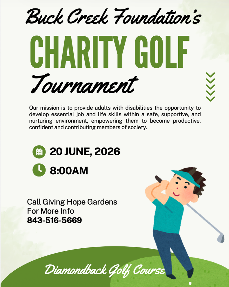 Flyer promoting Buck Creek Foundation's charity golf tournament, featuring a cartoon child in golf attire swinging a golf club on a green. Event details include date, time, location, and contact information, with a logo of three green checkmarks on the right.