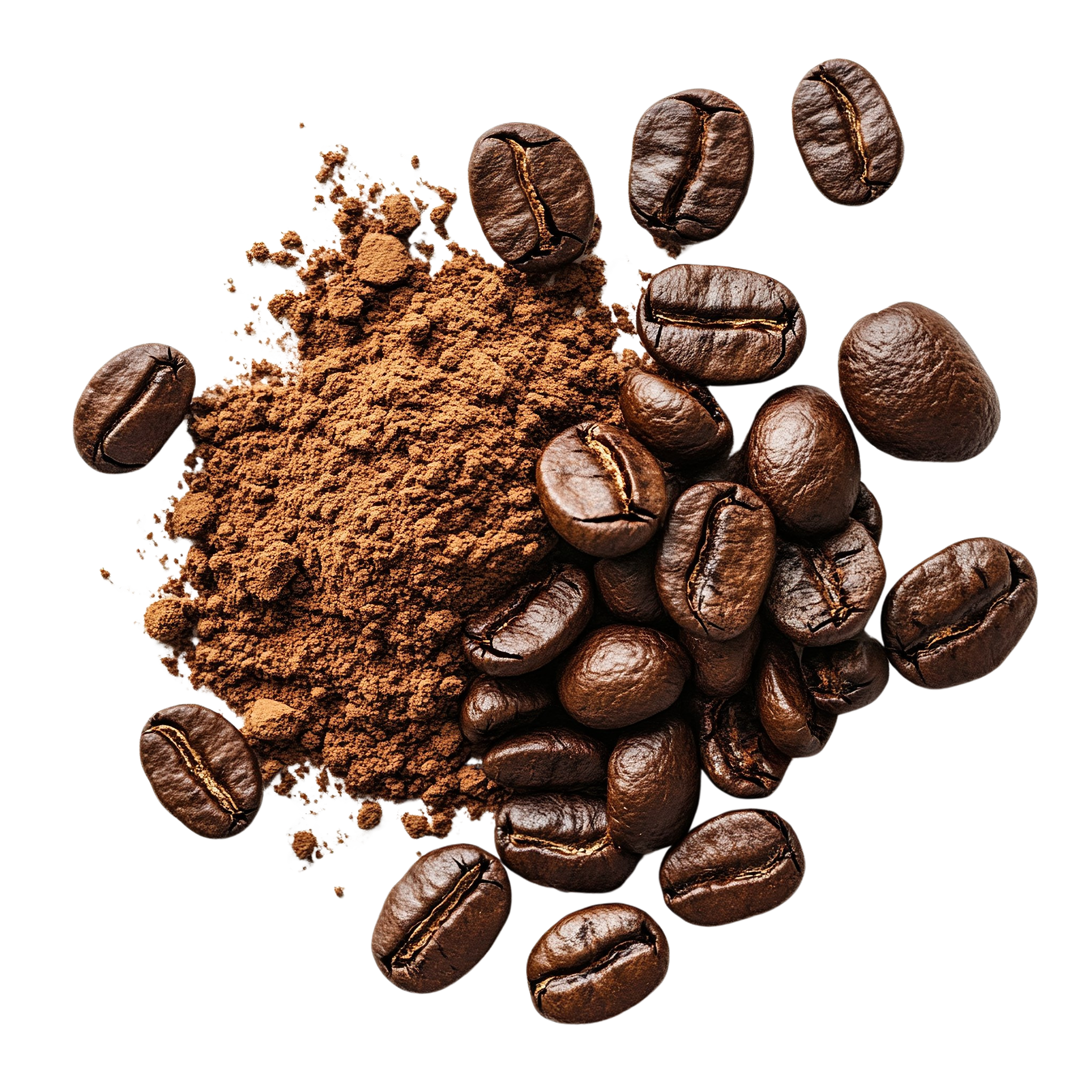 Coffee beans and ground coffee on a black background.