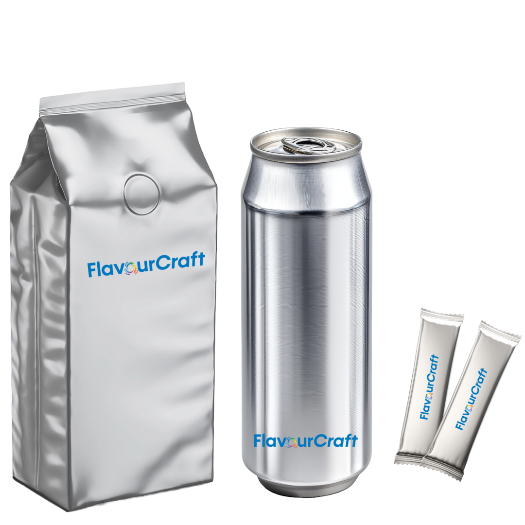 A silver bag, a silver beverage can, and two small silver snack packs, all with the 'FlavourCraft' logo.