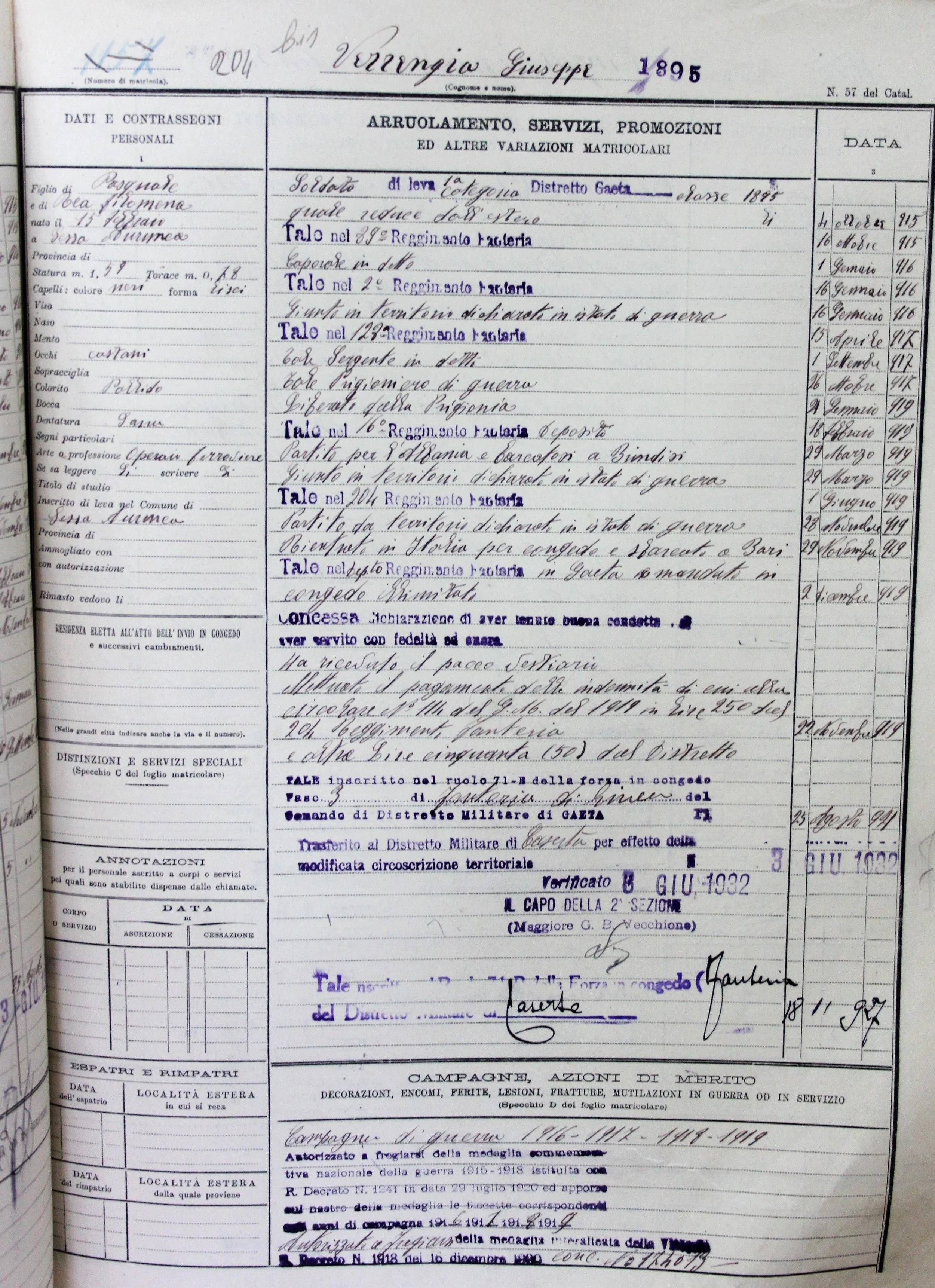 Foglio matricolare (military service record) of Giuseppe Verrengia