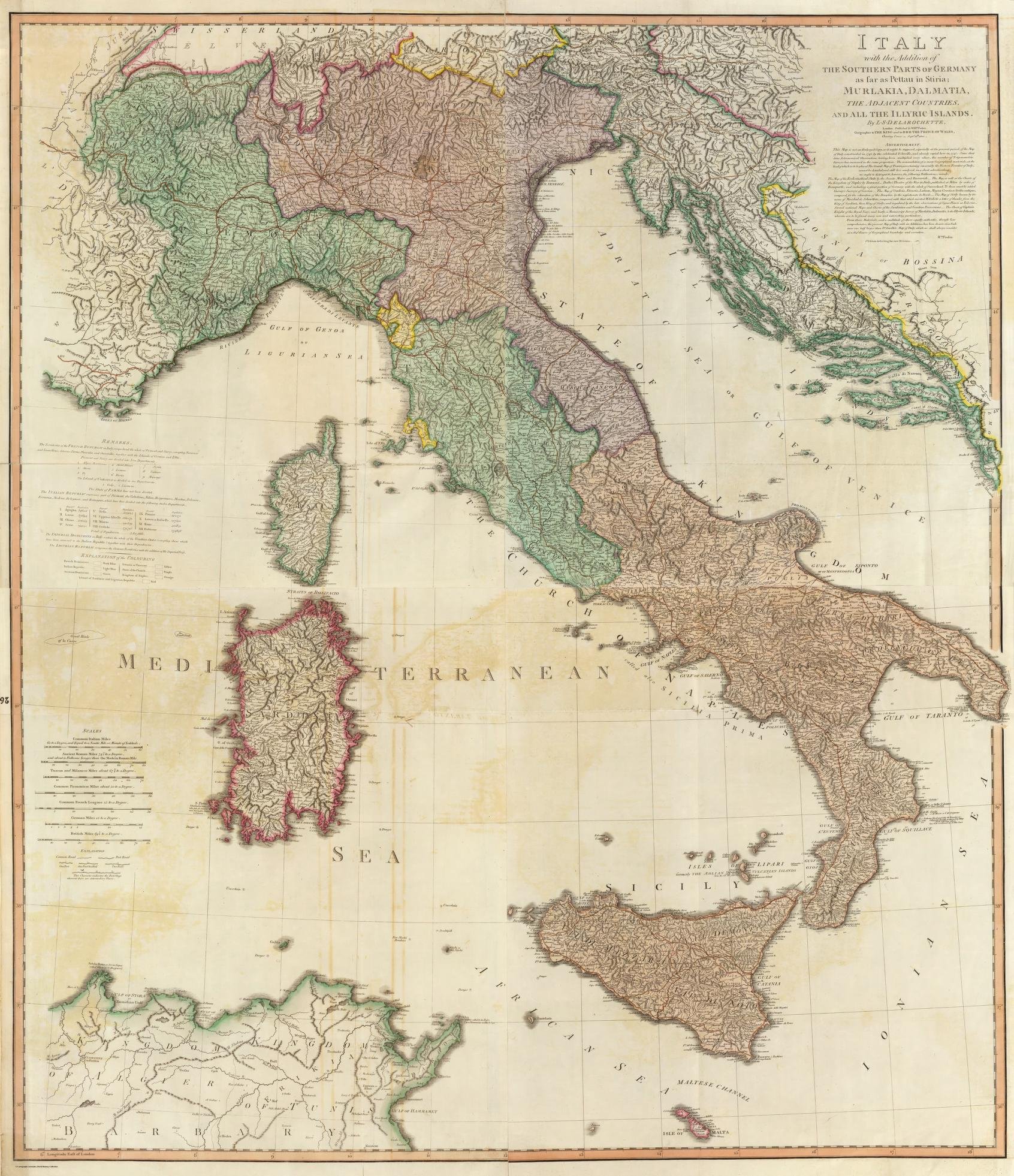 Map of Italy showing the southern parts of Germany, the adjacent countries, and the Aegean Islands, with detailed geographical features and political boundaries from an older historical period.