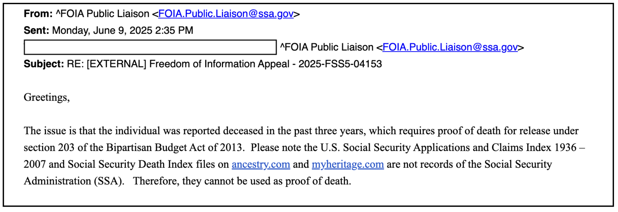 A cryptic response from the FOIA Liaison