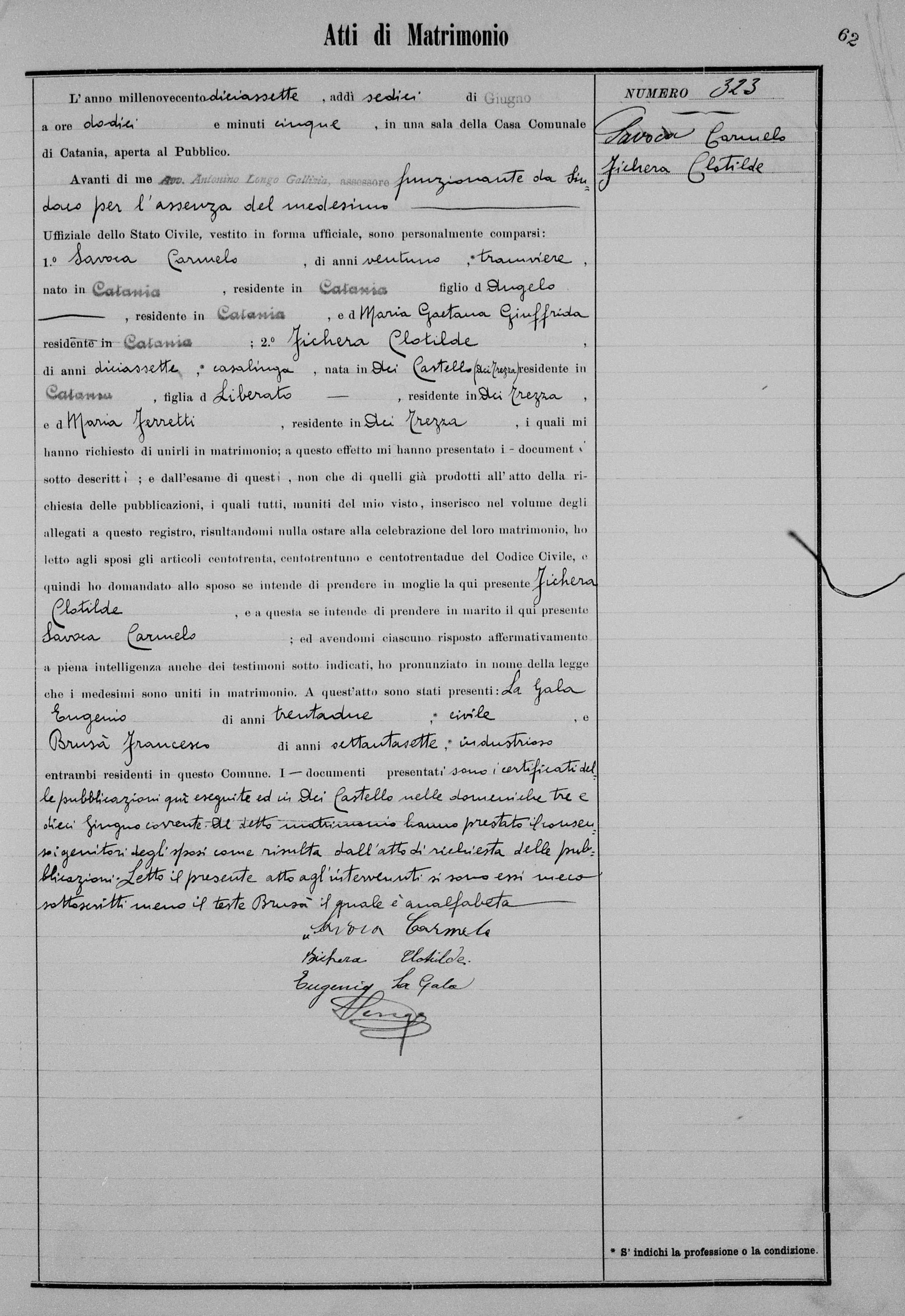 Atto di matrimonio (marriage certificate) of Carmelo Savoca and Clotilde Fichera
