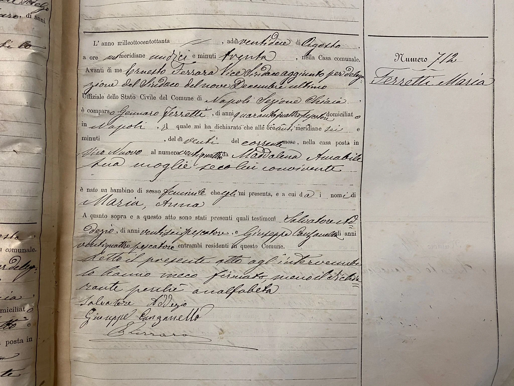 Atto di nascita (birth certificate) of Maria Ferretti