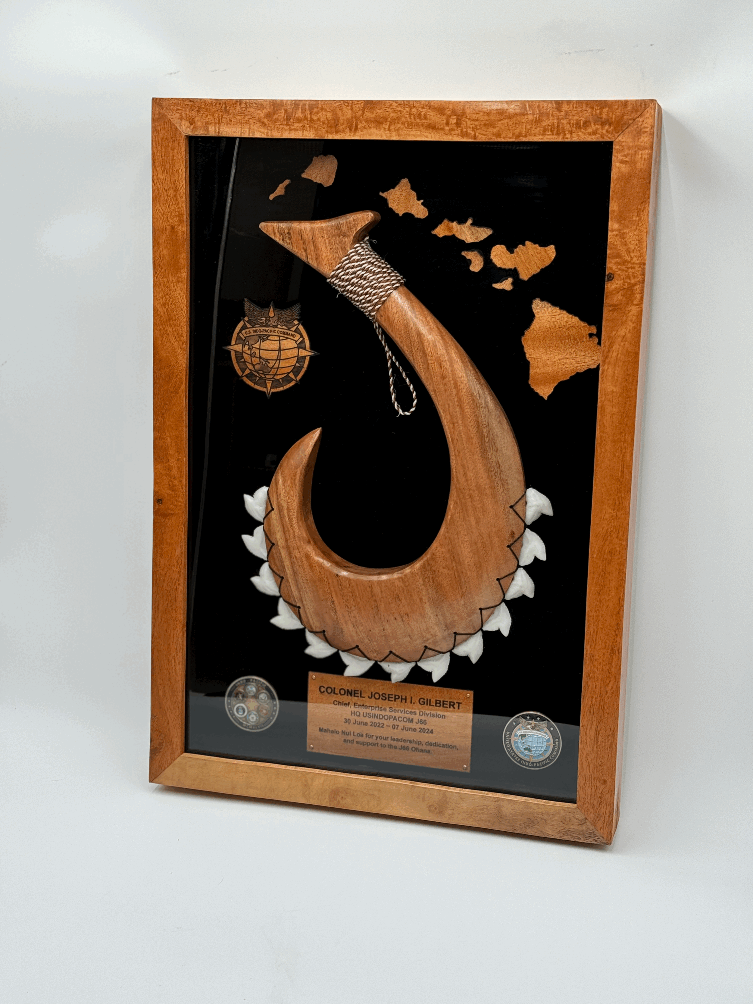 Shadow Box with a 16" Large fishhook with sharkteeth, a coin and islands cutout