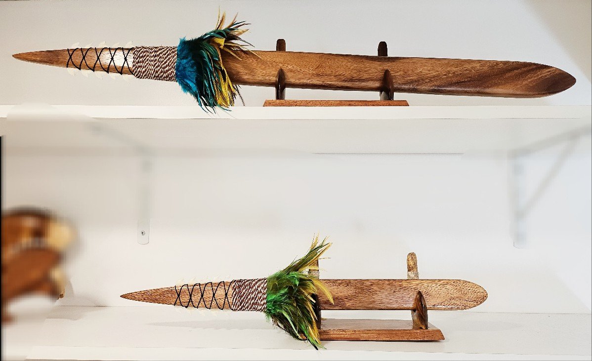 (SP24 & SP36) Spear with Sharkteeth, Feathers and Engraving