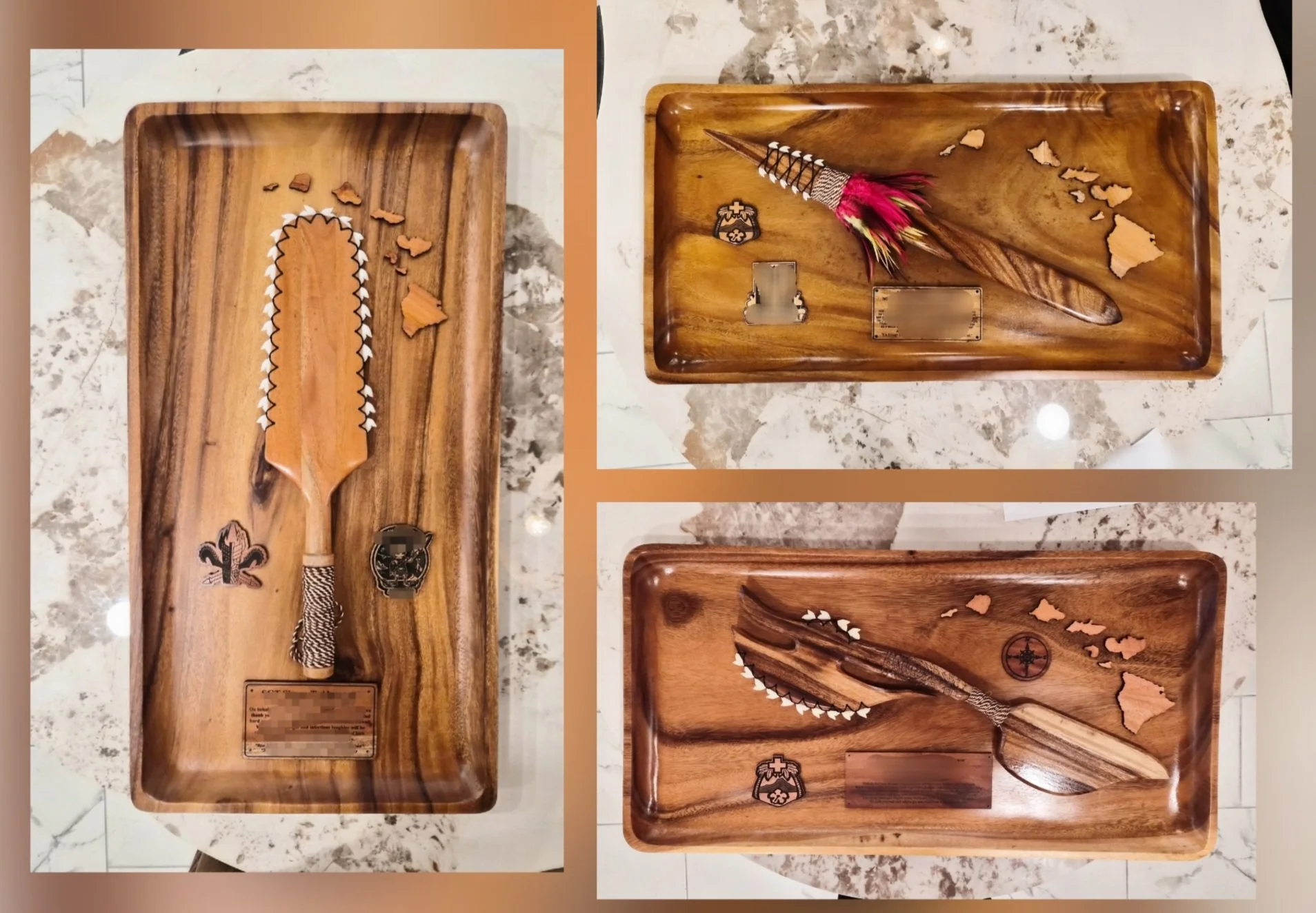 30"x16" Wood Plaque with a polynesian weapon, Islands, a coin, and a engraved plate