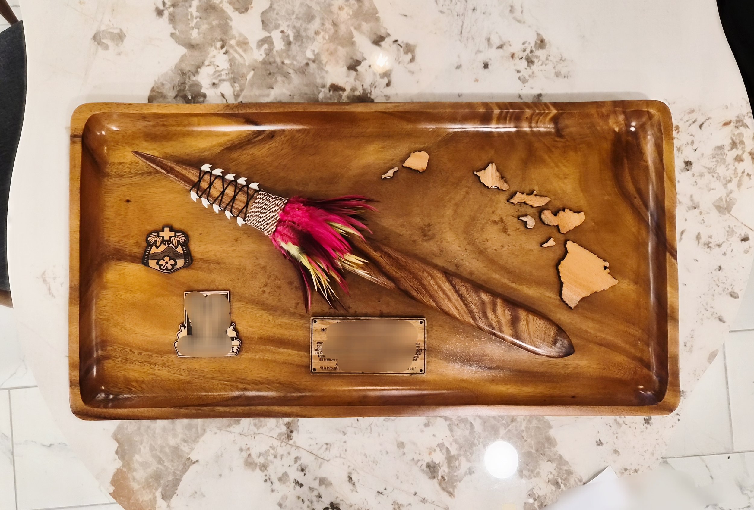 30"x16" Wood Plaque with 24 inches spear (SP24) with shark teeth, Islands, a wood plate and a coin with Engraving