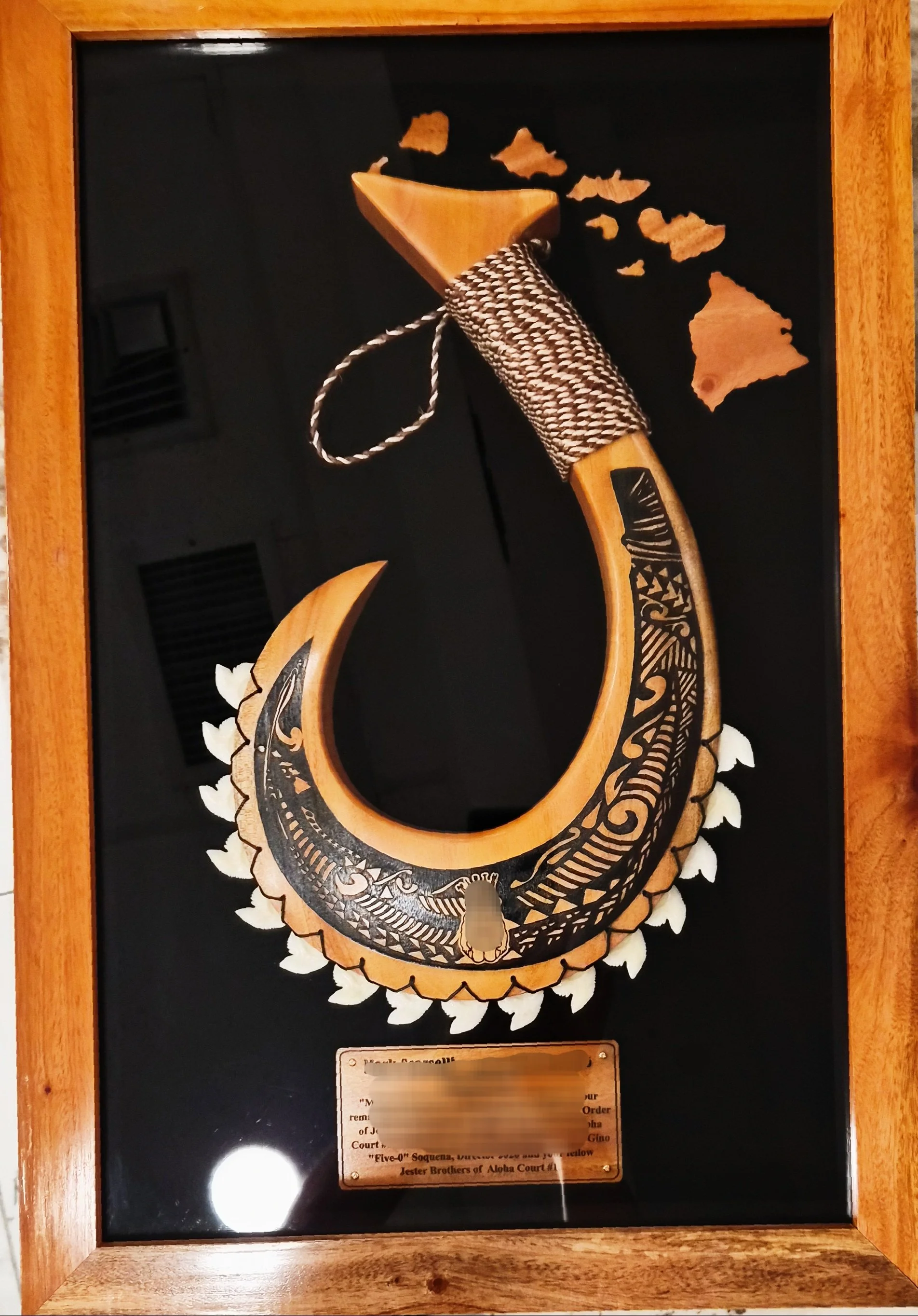 16"x24" Shadow Box with Large sharkteeth fishhook, Hawaiian Islands, a logo, and wooden engraved plate