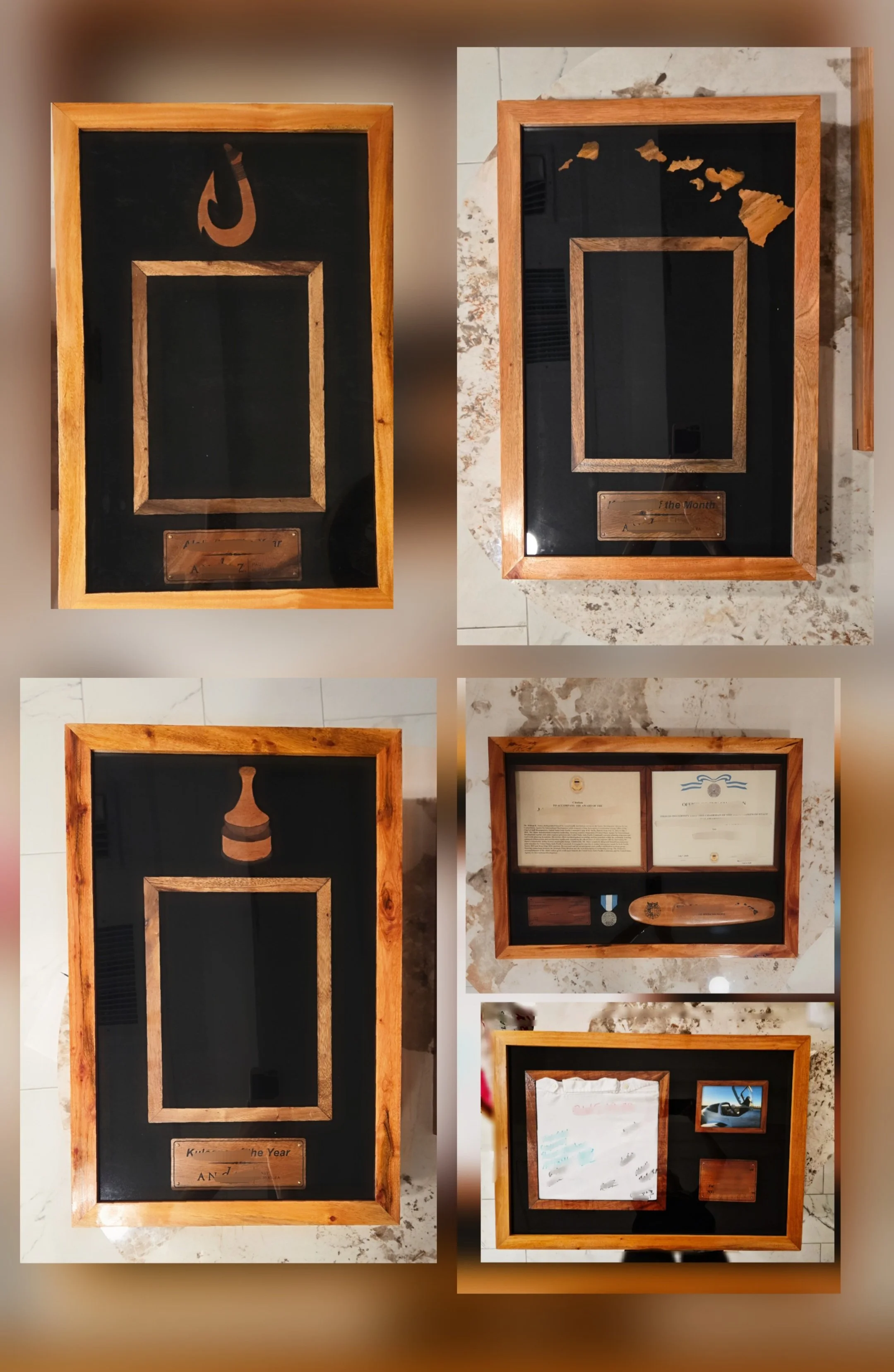 Shadow Box with Koa wood picture frame and engraved Koa wood plate
