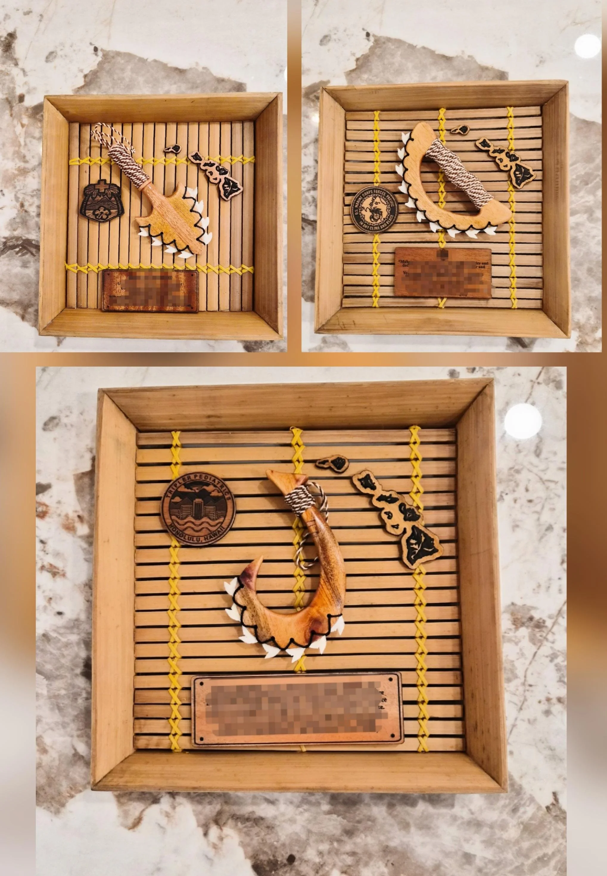 (Wall mount) Bamboo Plaque with a Hawaiian Weapon(1), Hawaiian Islands, a logo (1) and Engraving on a wood plate