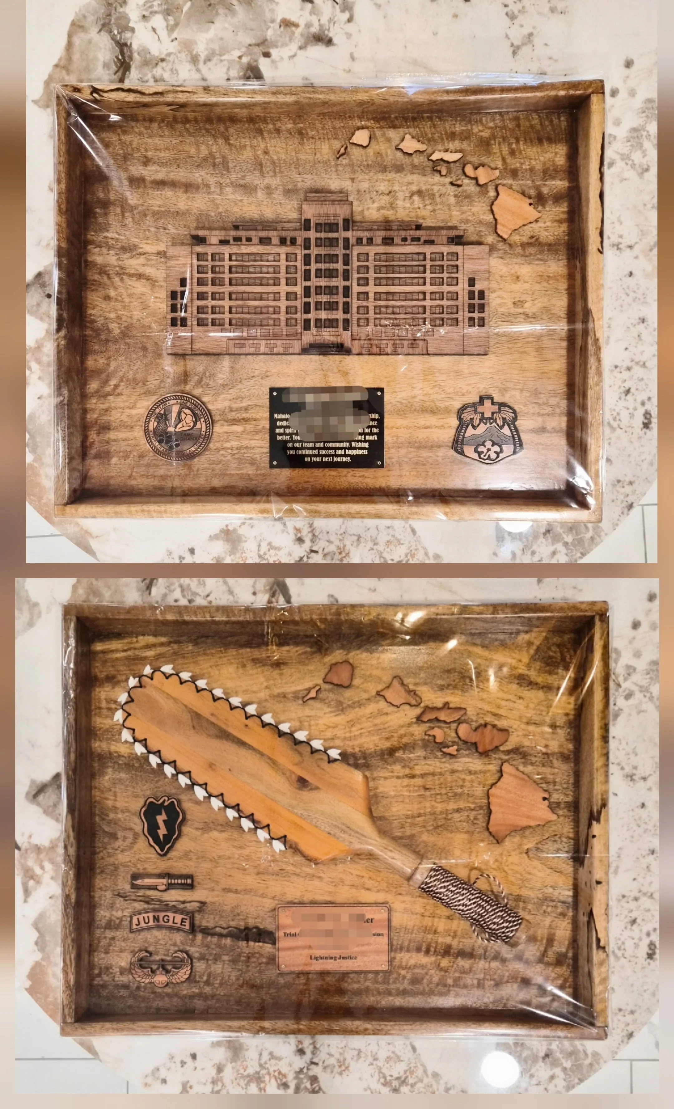 24” x 18” Wood Plaque with a large shark teeth hatchet, Islands, a coin, wood plate and Engraving