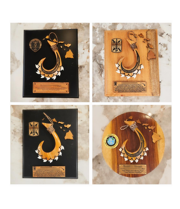 8"x10" Wood Plaque w/ a Hawaiian Weapon (1), Hawaiian Islands,, a Coin (1) and Engraving on a wood plate