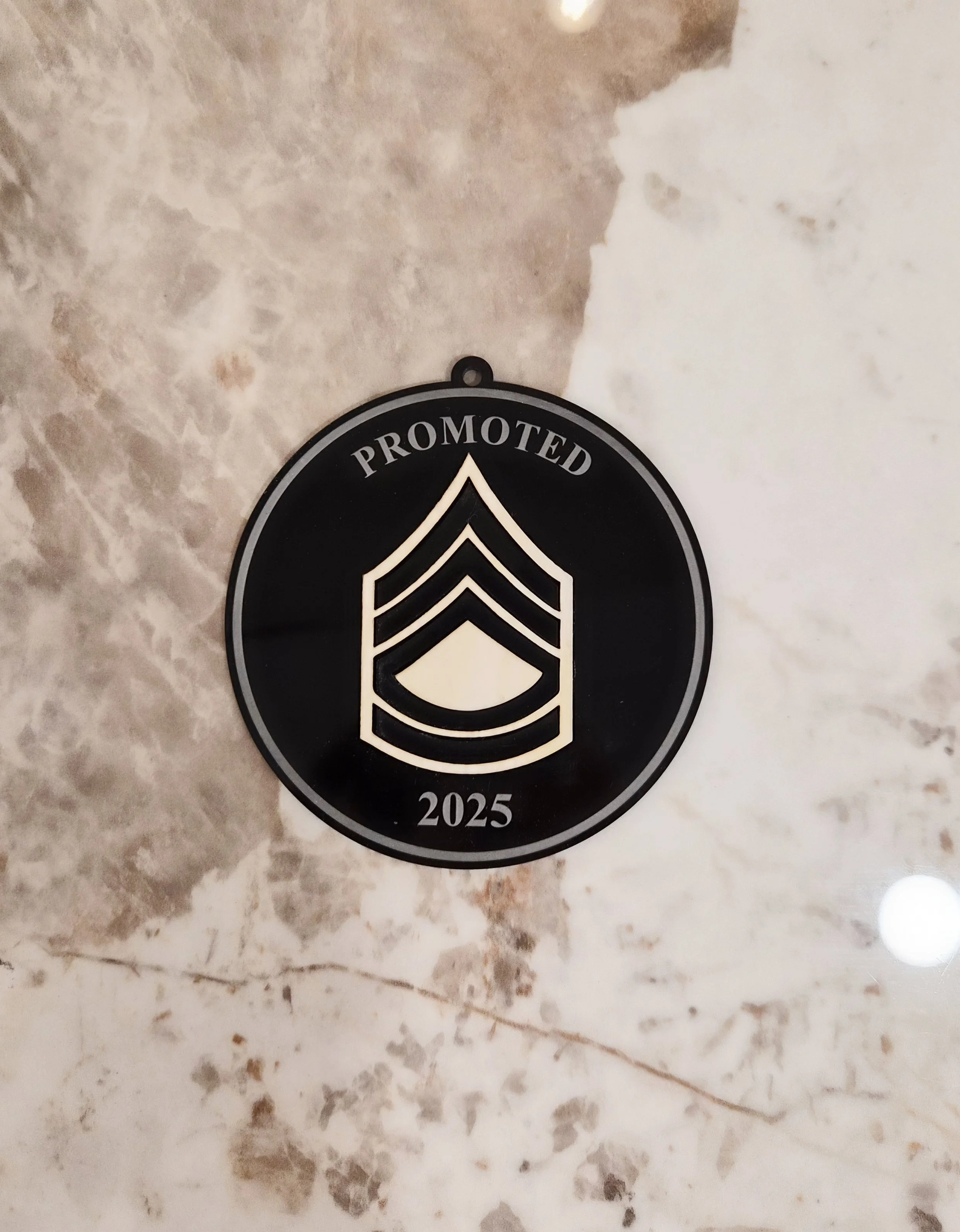(Black) "Promoted 2025" Flat Ornament with a rank cutout (3D)
