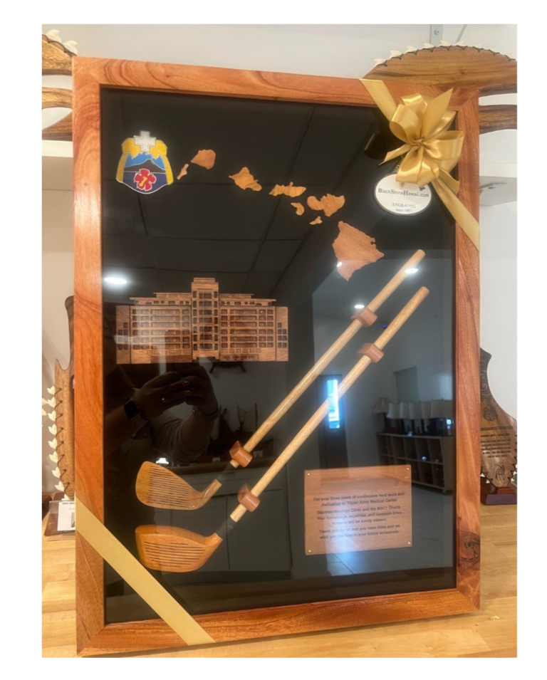 19” x 26” Shadow Box with golf club, Hawaiian Islands, and a Logo cutout, Engraving on a wood Plate