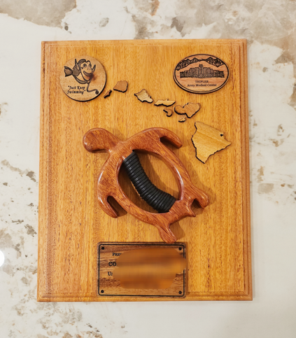 Wood Plaque with a Turtle, Hawaii Islands,  a Coin and Engraving