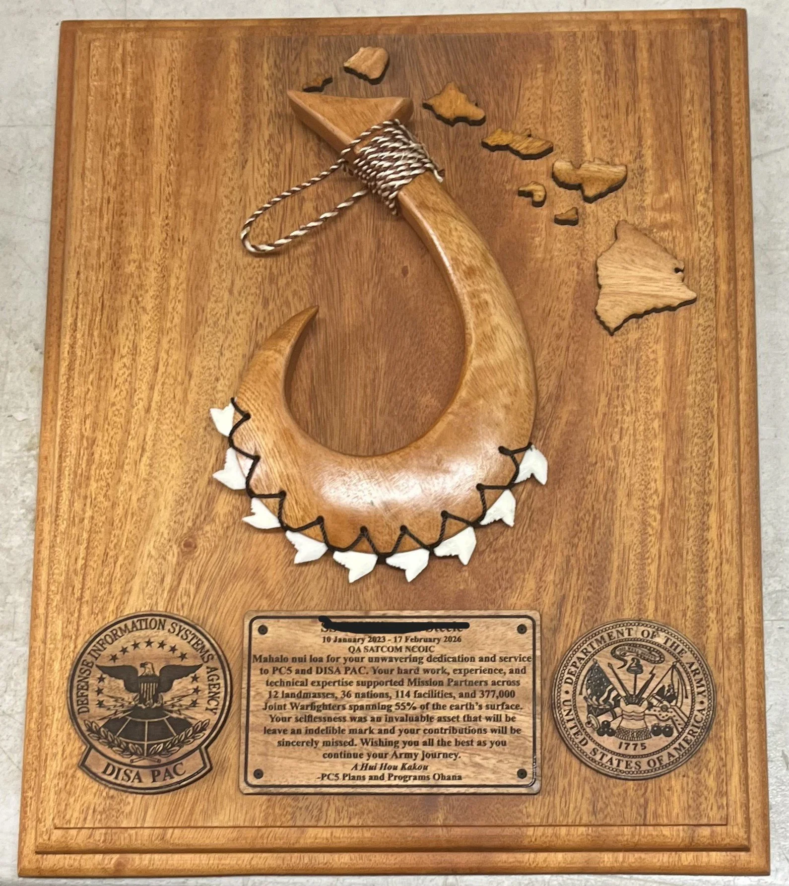 Wood Plaque with a Hawaiian Weapon, Islands, TWO Coins and Engraving