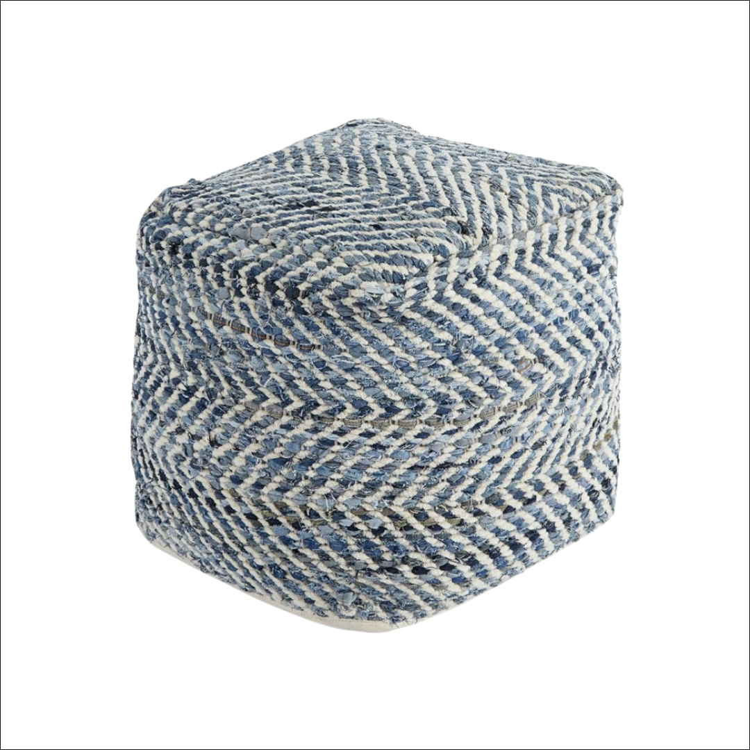 Signature Design by Ashley Chevron Handmade Woven Pouf 18 x 18, Blue and White