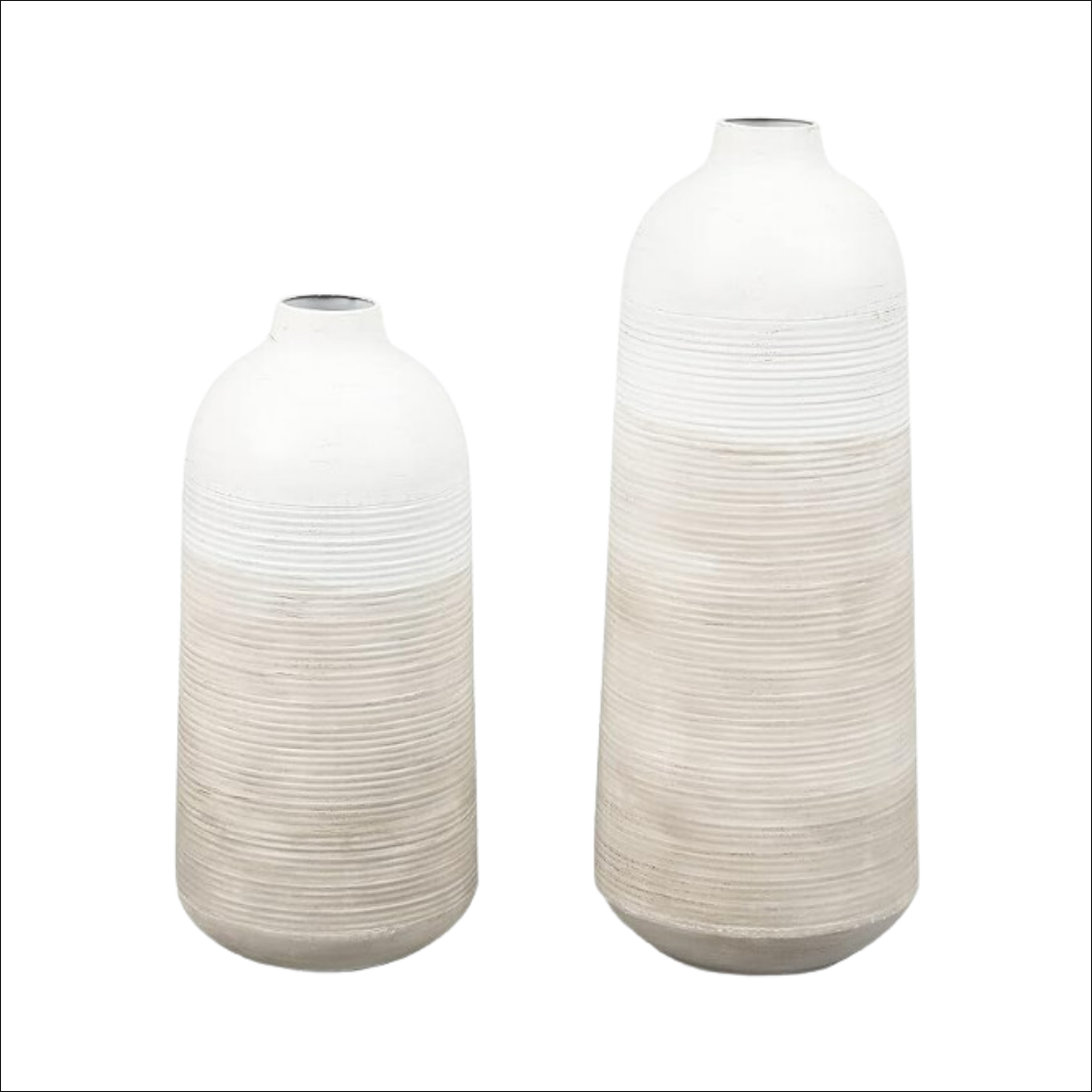 White &amp; Tan Metal Floor Vases Set of 2