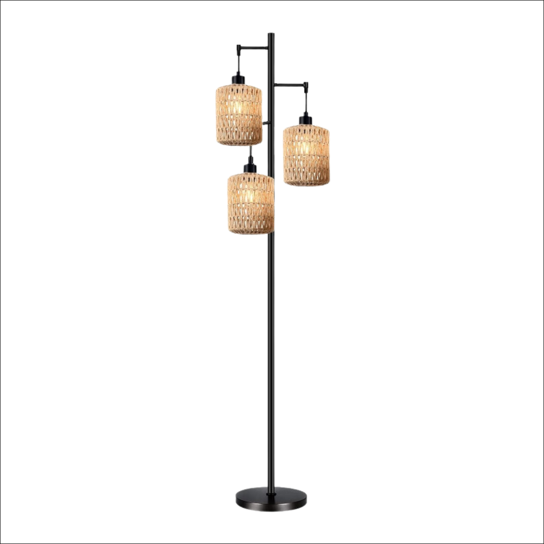 3-Lights Boho Rattan Tree Floor Lamp