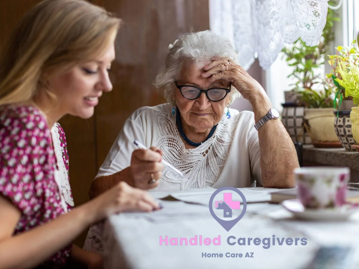 Professional caregiver assisting an older adult at home in Phoenix, Arizona. Handled Home Care provides home care services, senior care, dementia care, Alzheimer's support, respite care, personal care assistance, meal preparation, transportation, and