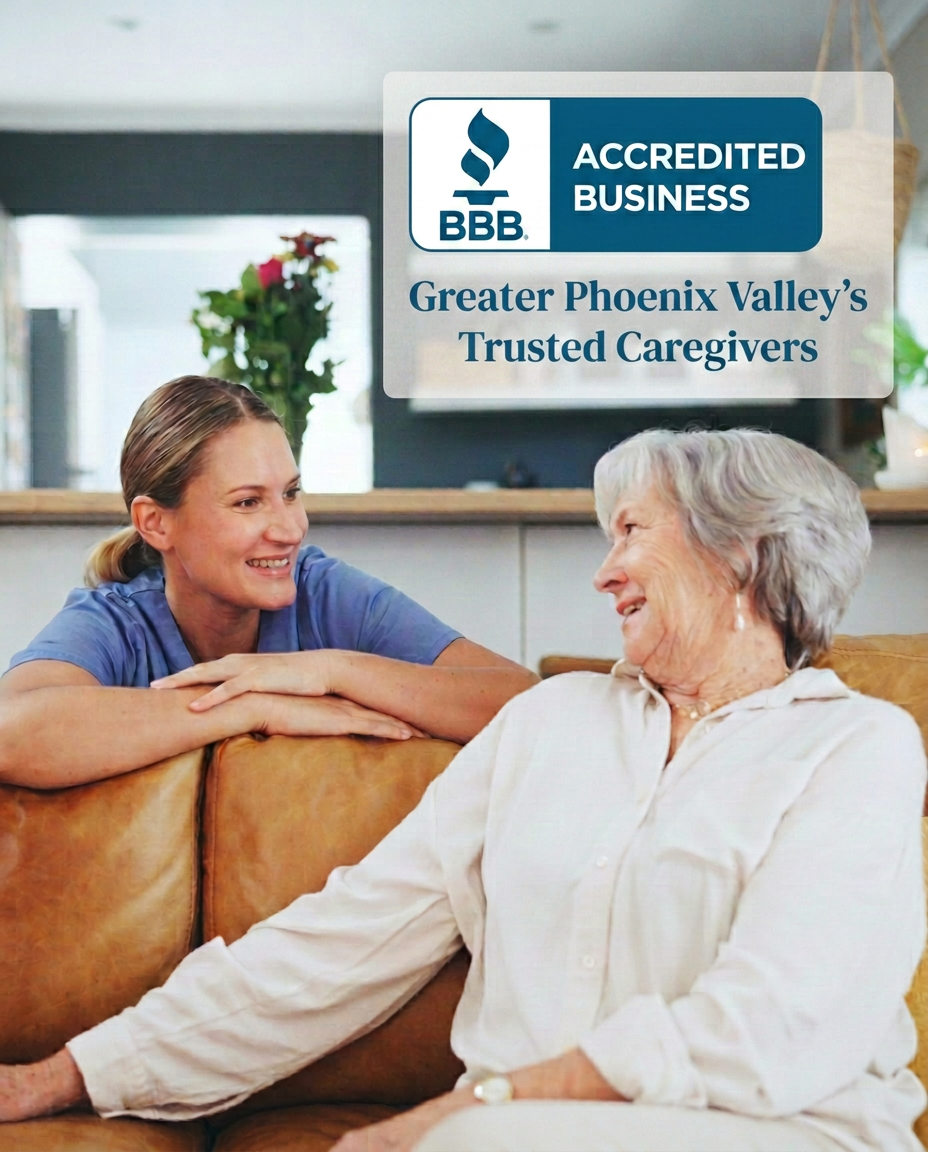 Handled Home Care caregiver smiling with a senior client in her home due to receiving exceptional care beneath a BBB Accreditation Business sign in the Greater Phoenix Valley.