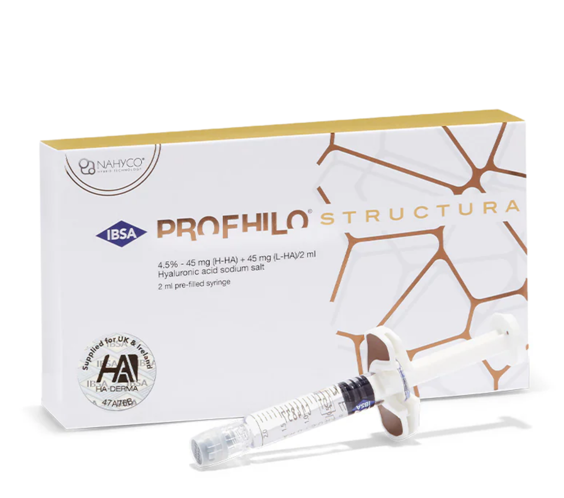 Box of Profhilo Structure, a skin bioremodeling treatment, with a syringe in front of the box.