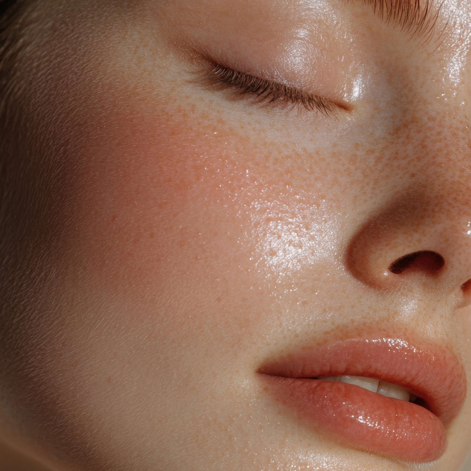 Close-up of a person's face with closed eye, light skin, freckles, and slightly parted lips.