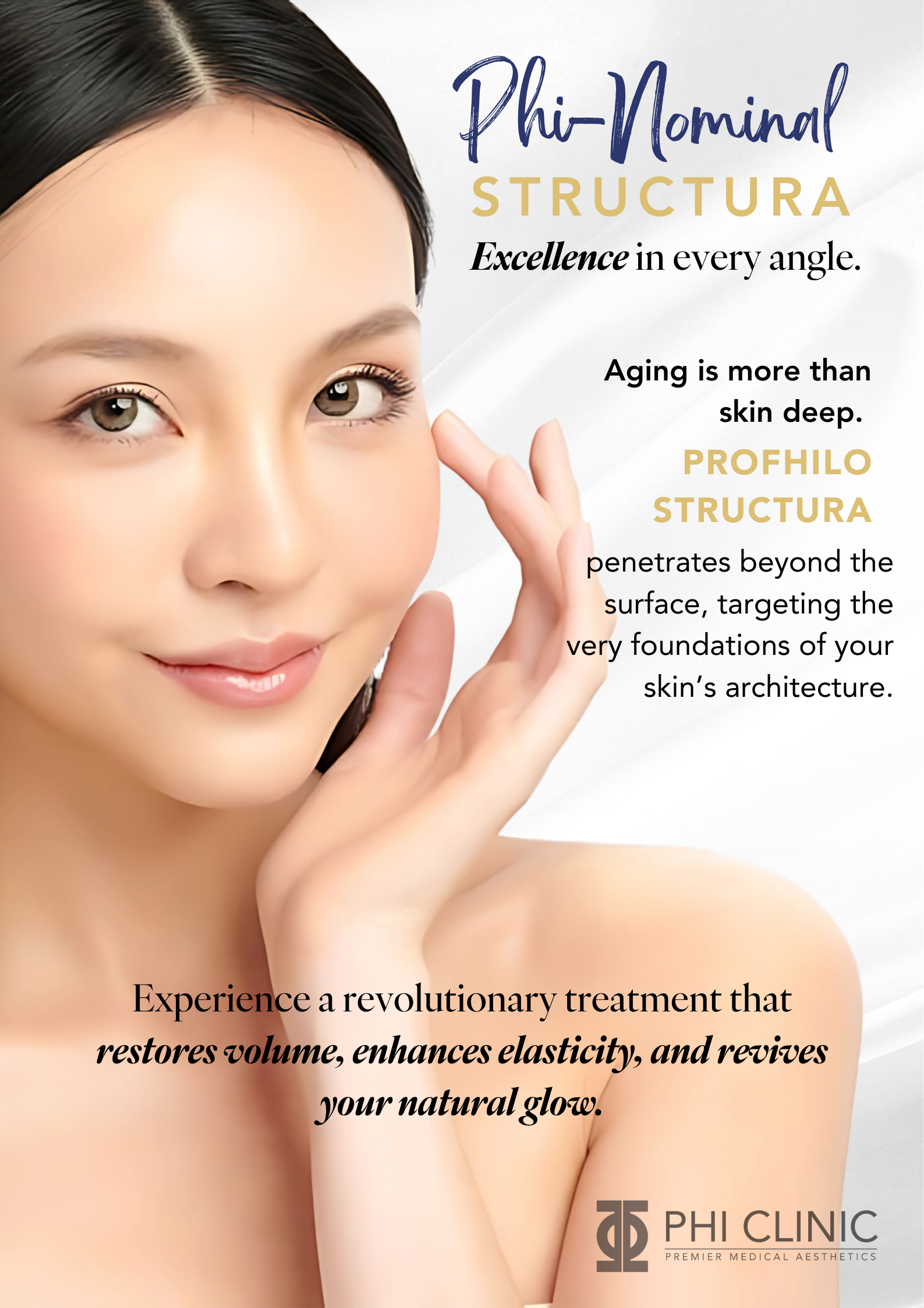 A woman with smooth skin and dark hair smiling gently, promoting Phi-Nominal Structura treatment at Phi Clinic for rejuvenation and skin architechture.