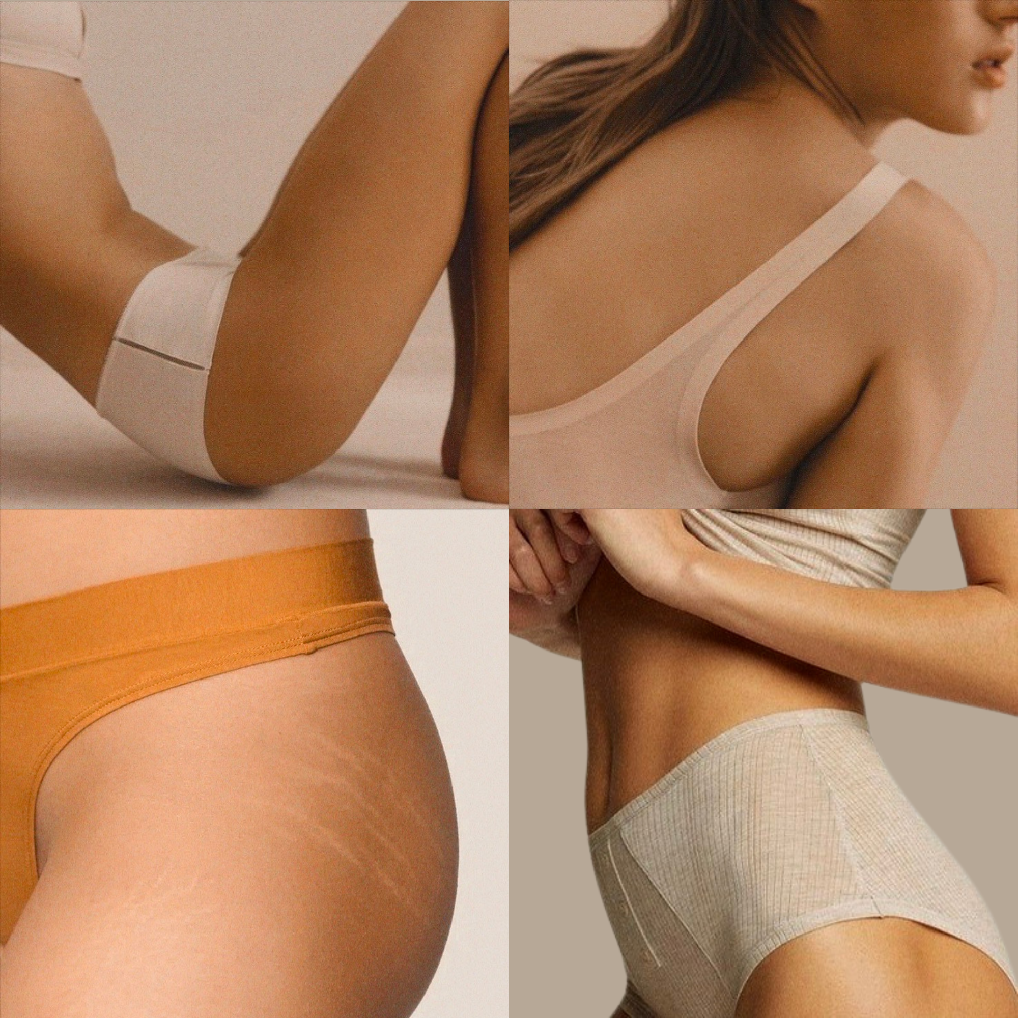 Collage of four close-up images of women wearing nude-colored underwear, highlighting different body parts such as legs, arms, and midsection.