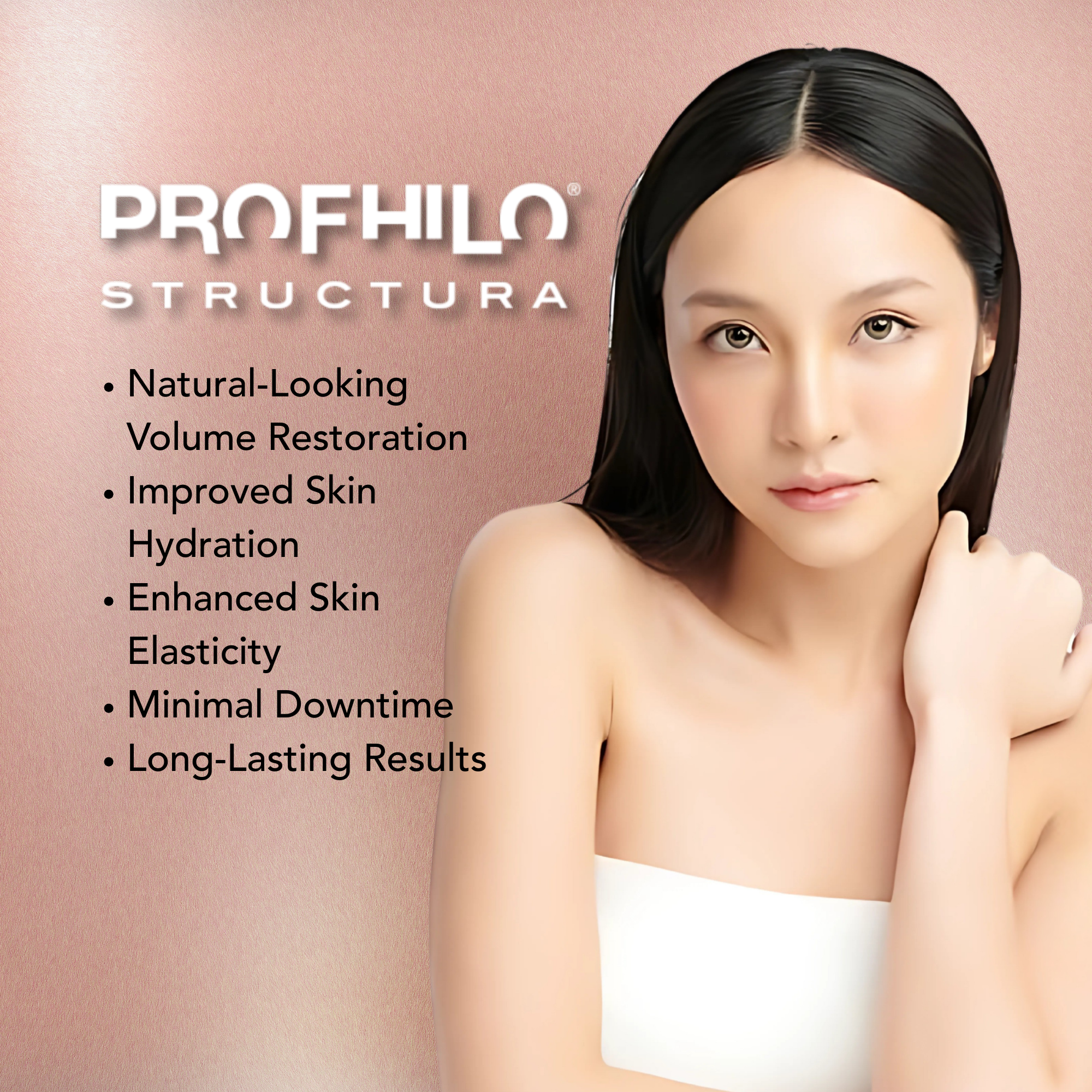 A woman with smooth black hair and clear skin looking at the camera, with promotional text about a cosmetic procedure on a pink background.