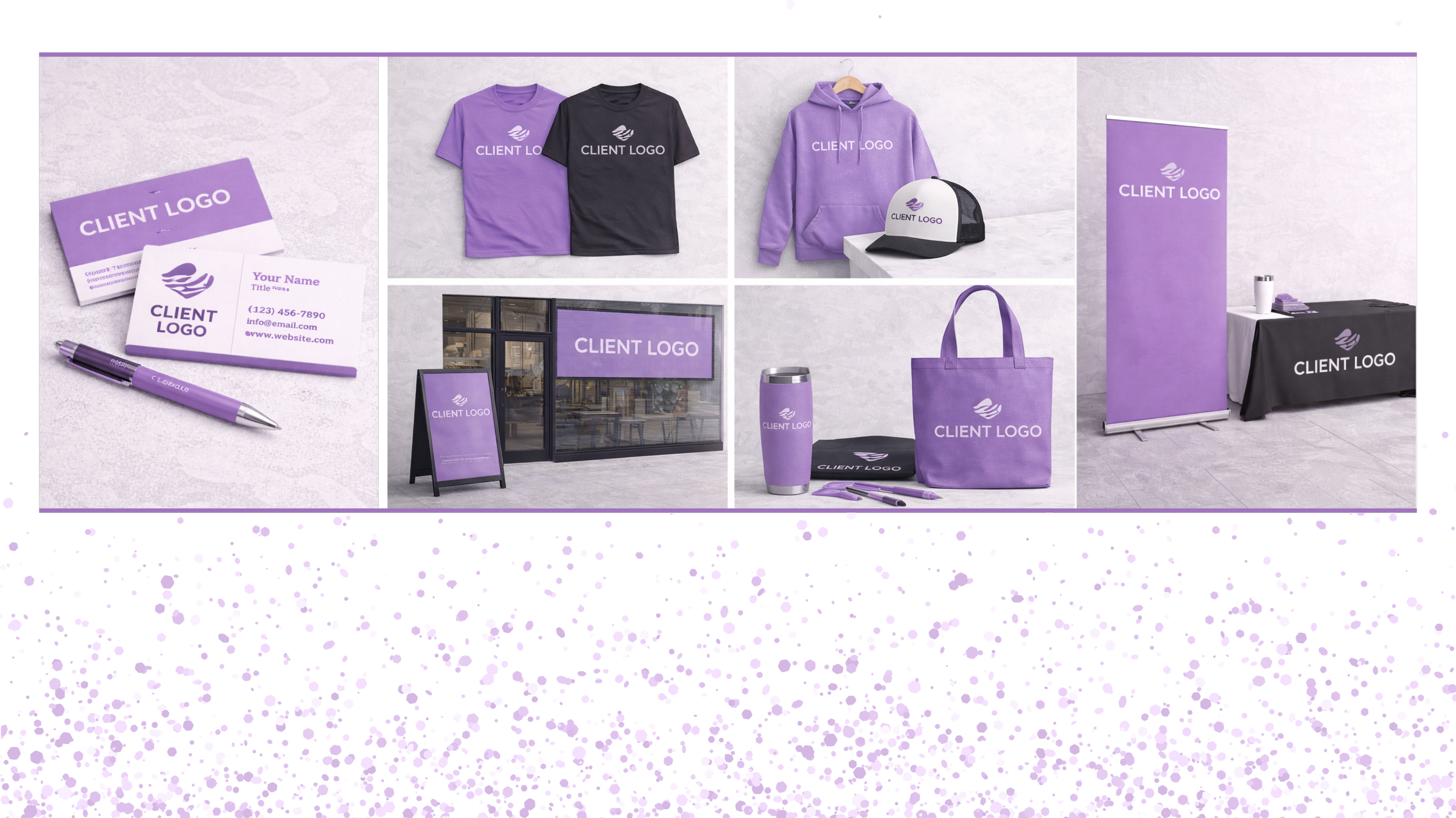Display of various branded promotional items and signage featuring a purple and black color scheme with a client logo. The items include business cards, T-shirts, a hoodie, a cap, a signboard outside, an A-frame sign, a tote bag, a tumbler, and a retractable banner.