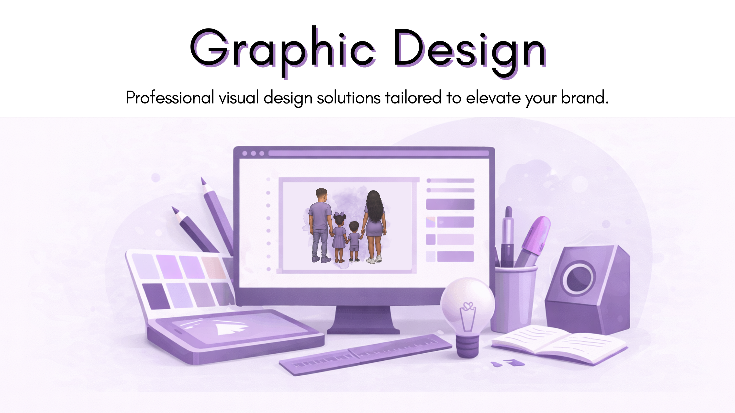 Graphic design workspace with a computer displaying a family photo, surrounded by color palette, pens, a lightbulb, open notebook, and art supplies, all in purple tones.